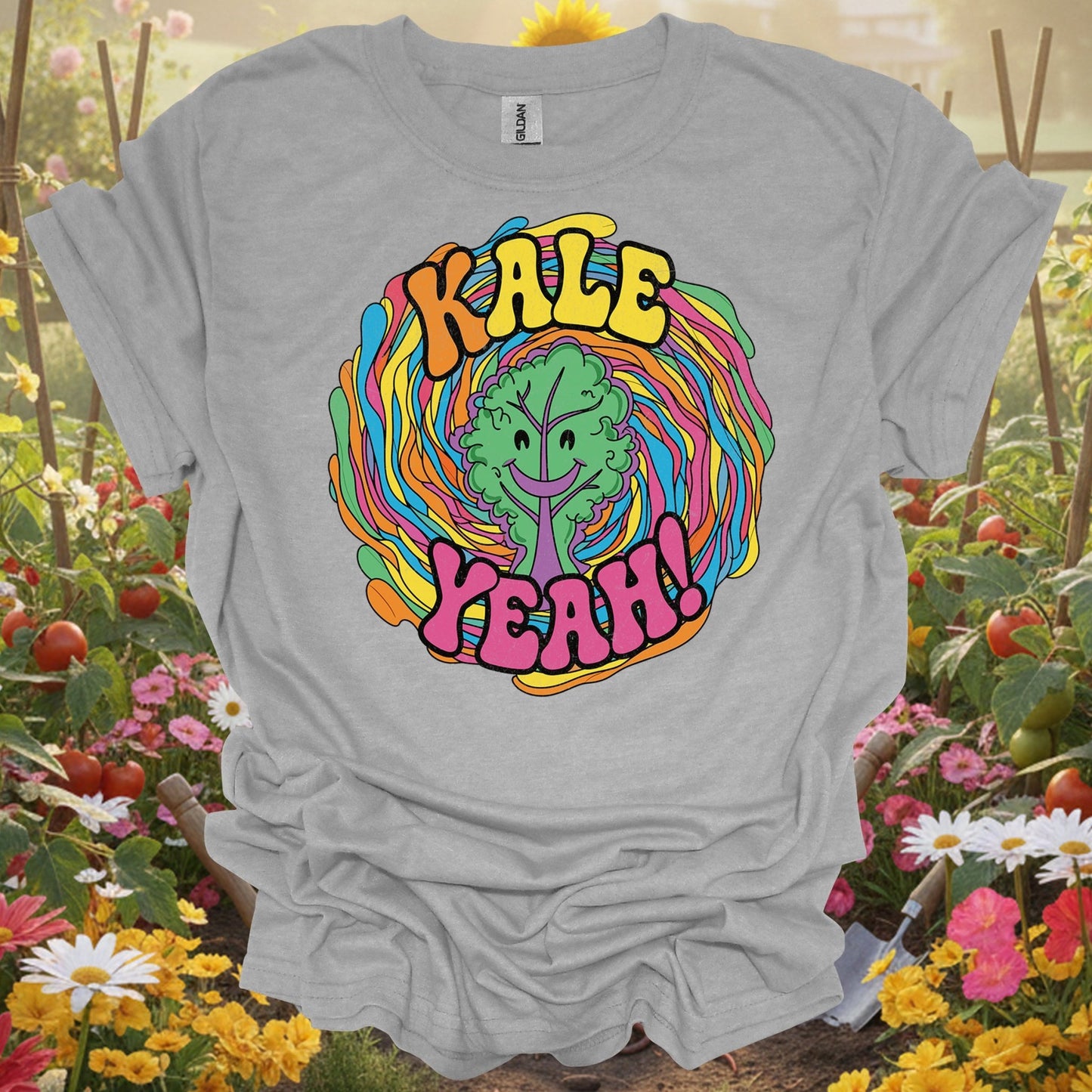 Sport Grey tee showing kale yeah psychedelic groovy for garden hobbyists