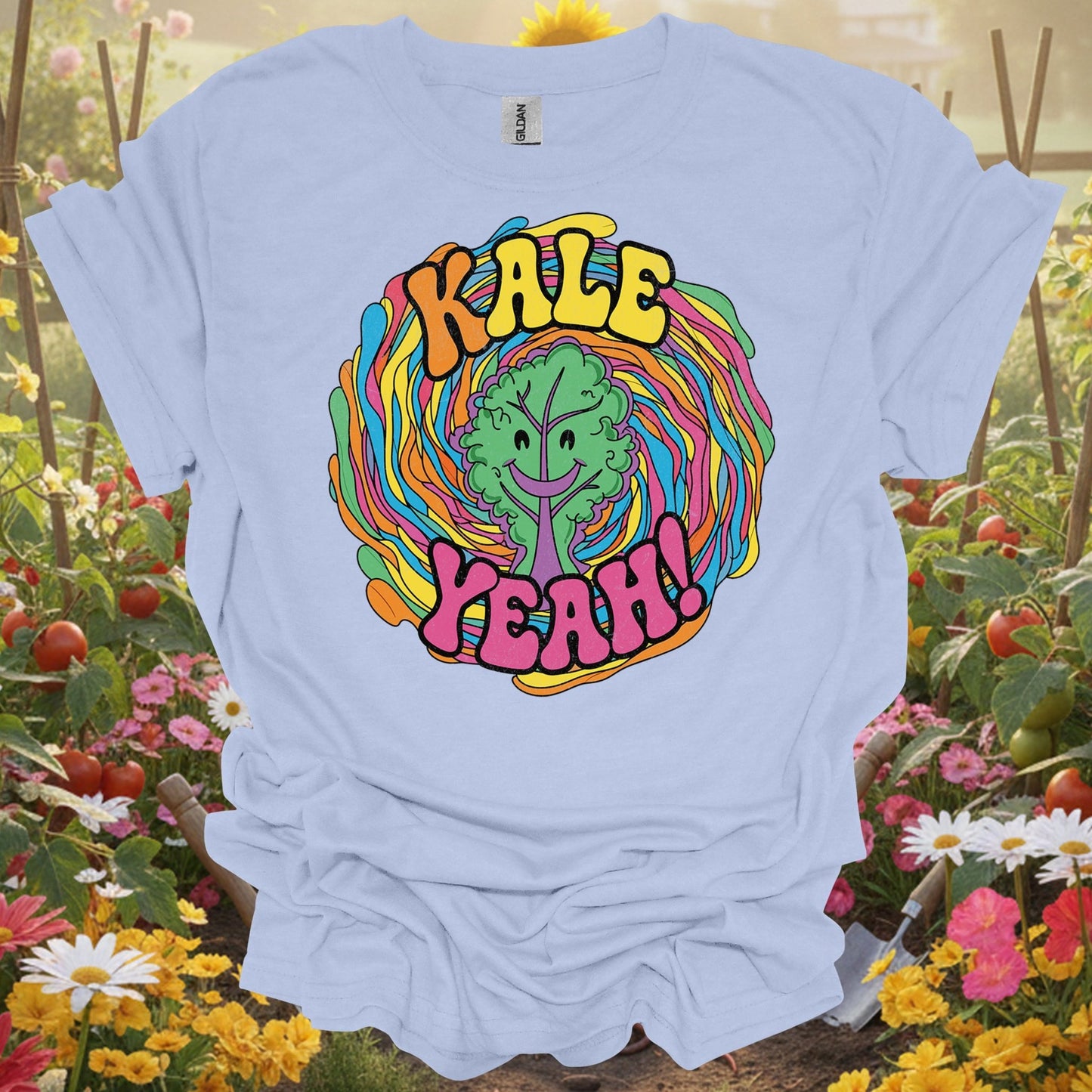 Light Blue shirt showing kale yeah psychedelic groovy for home gardeners