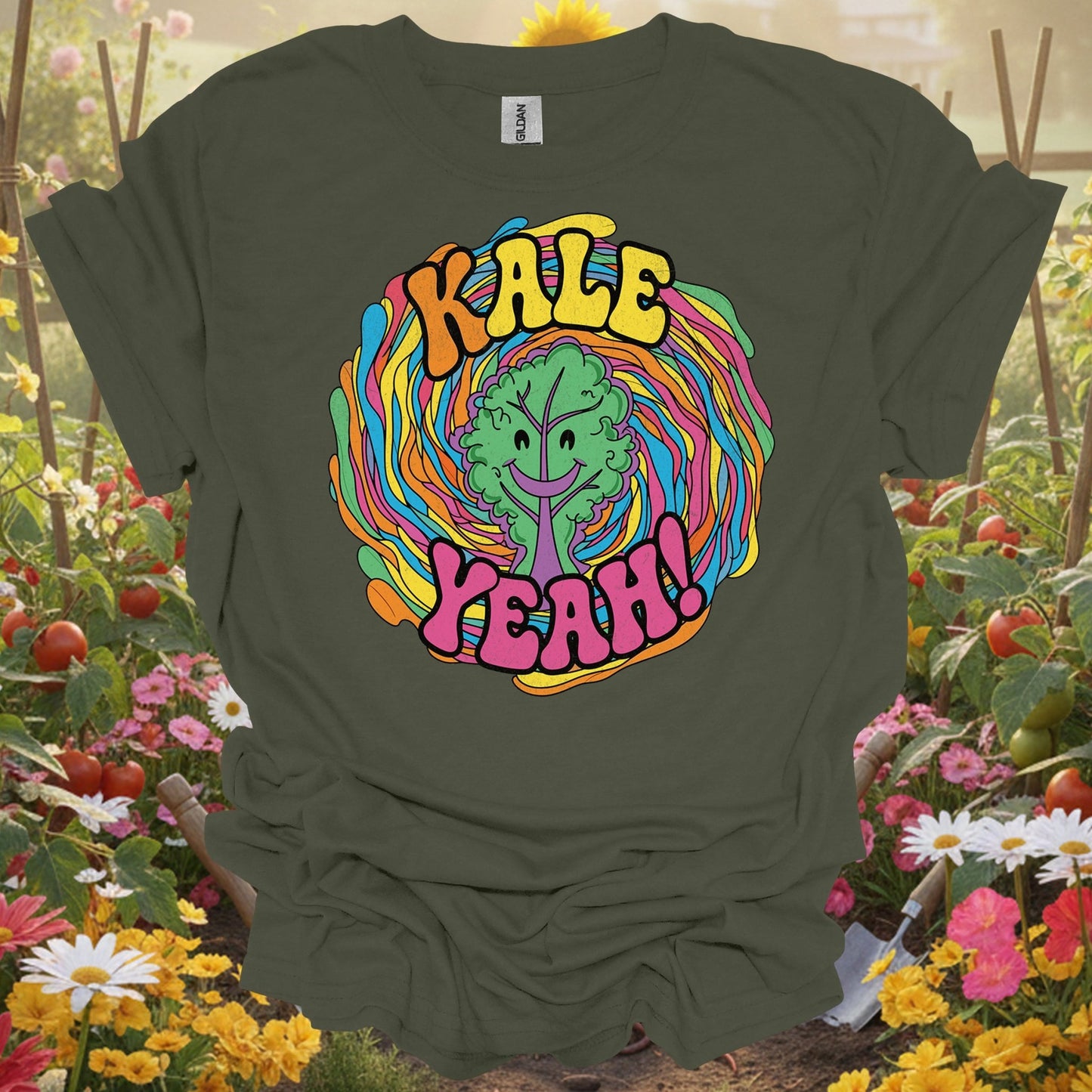Military Green top showing kale yeah psychedelic groovy for nature lovers