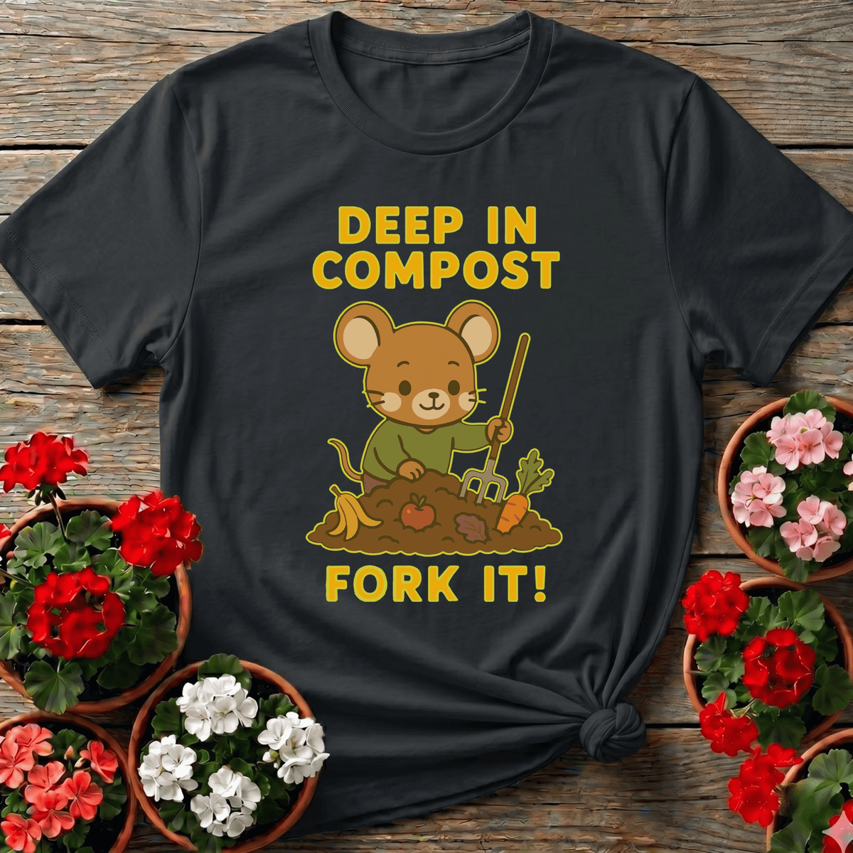 Black kawaii cottagecore gardening tee with "Deep In Compost Fork It" for compost-loving gardeners