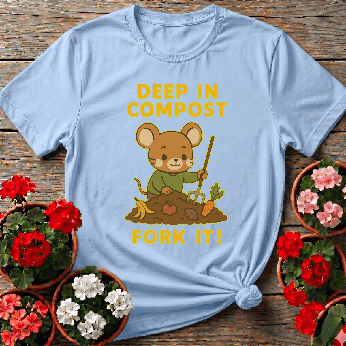 Light Blue soft illustrated garden mouse shirt with "Deep In Compost Fork It" for cottagecore gardeners