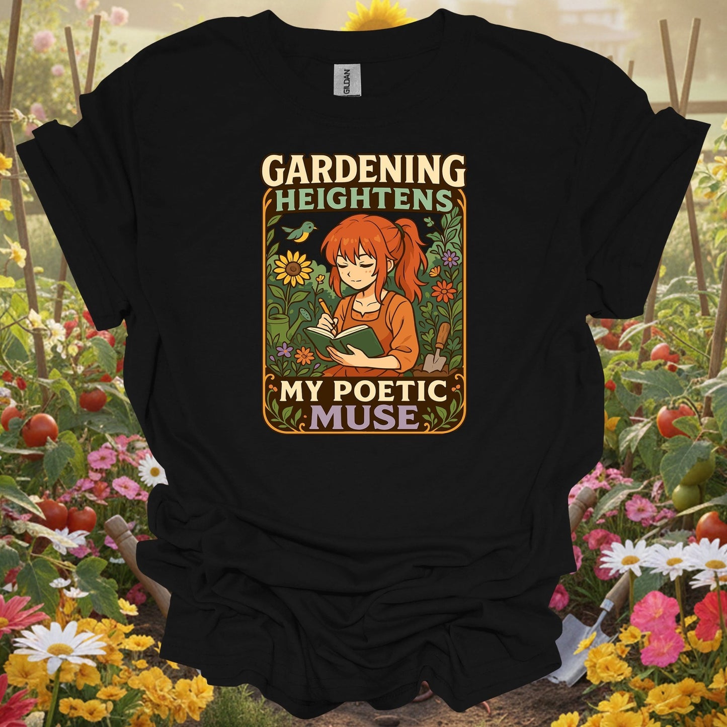 Black tshirt showing combine your love for stories and soil with this beautiful kawaii-inspired design for visionaries imagining food forests