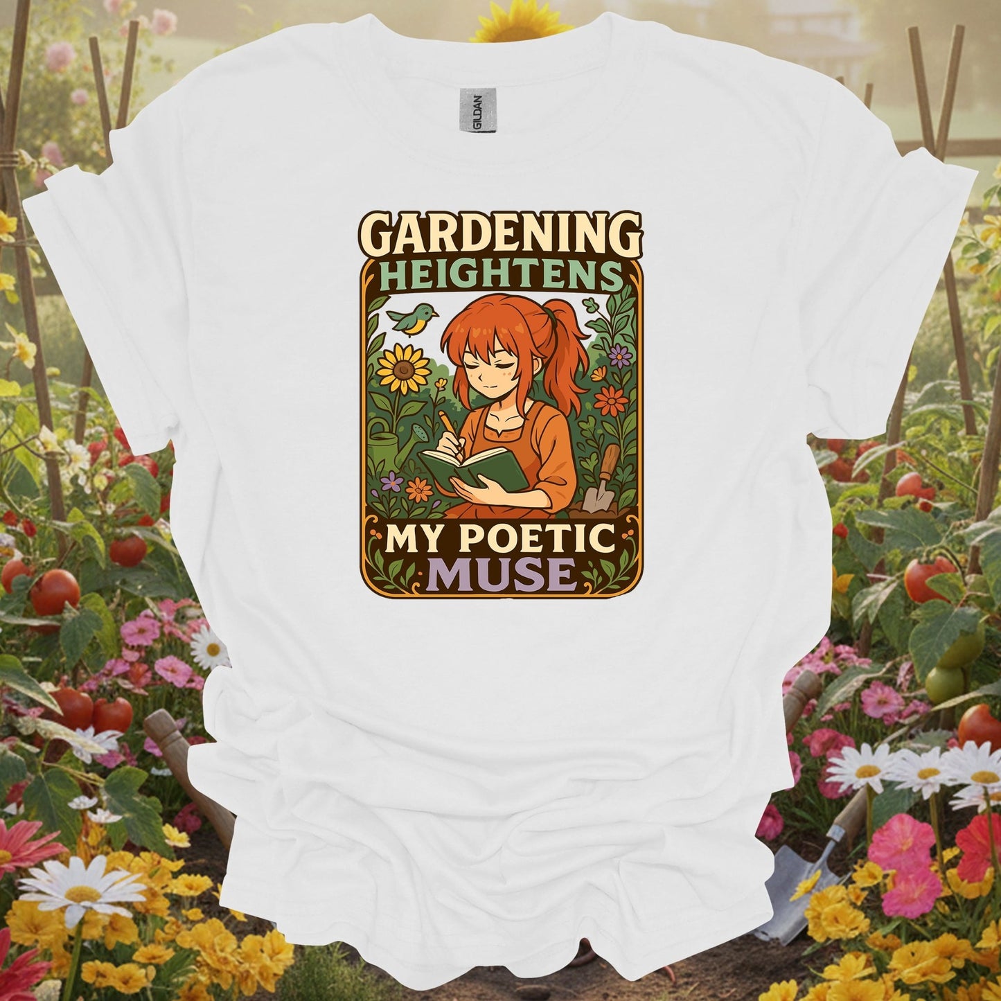 White tshirt showing combine your love for stories and soil with this beautiful kawaii-inspired design for visionaries imagining food forests