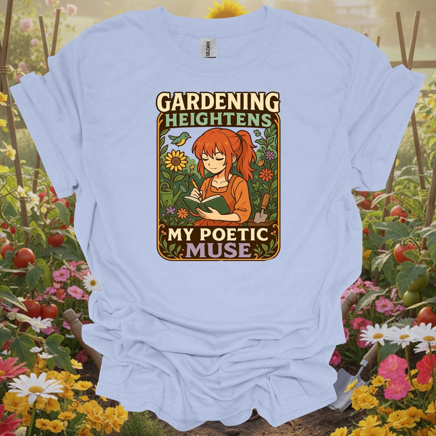 LIght blue tshirt showing combine your love for stories and soil with this beautiful kawaii-inspired design for visionaries imagining food forests