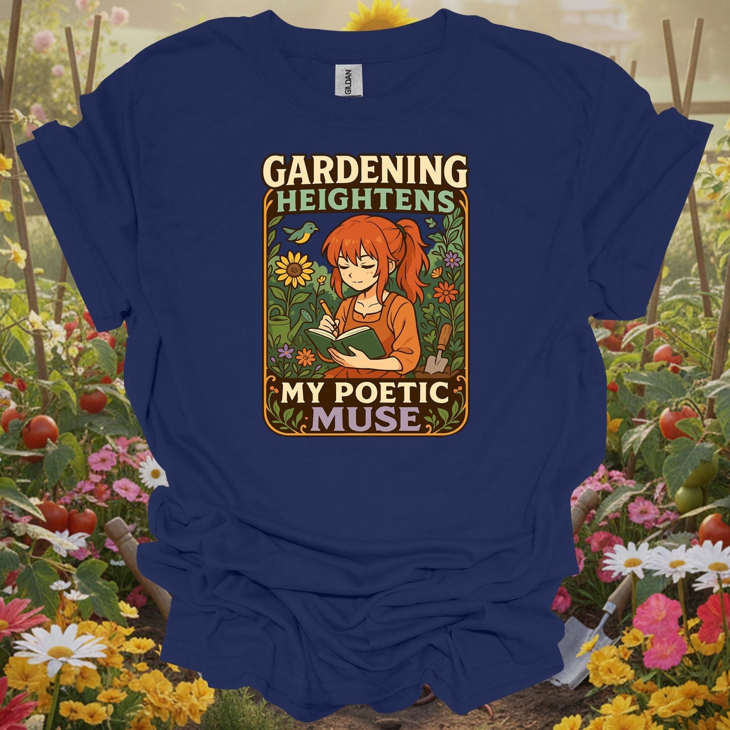Navy tshirt showing combine your love for stories and soil with this beautiful kawaii-inspired design for visionaries imagining food forests