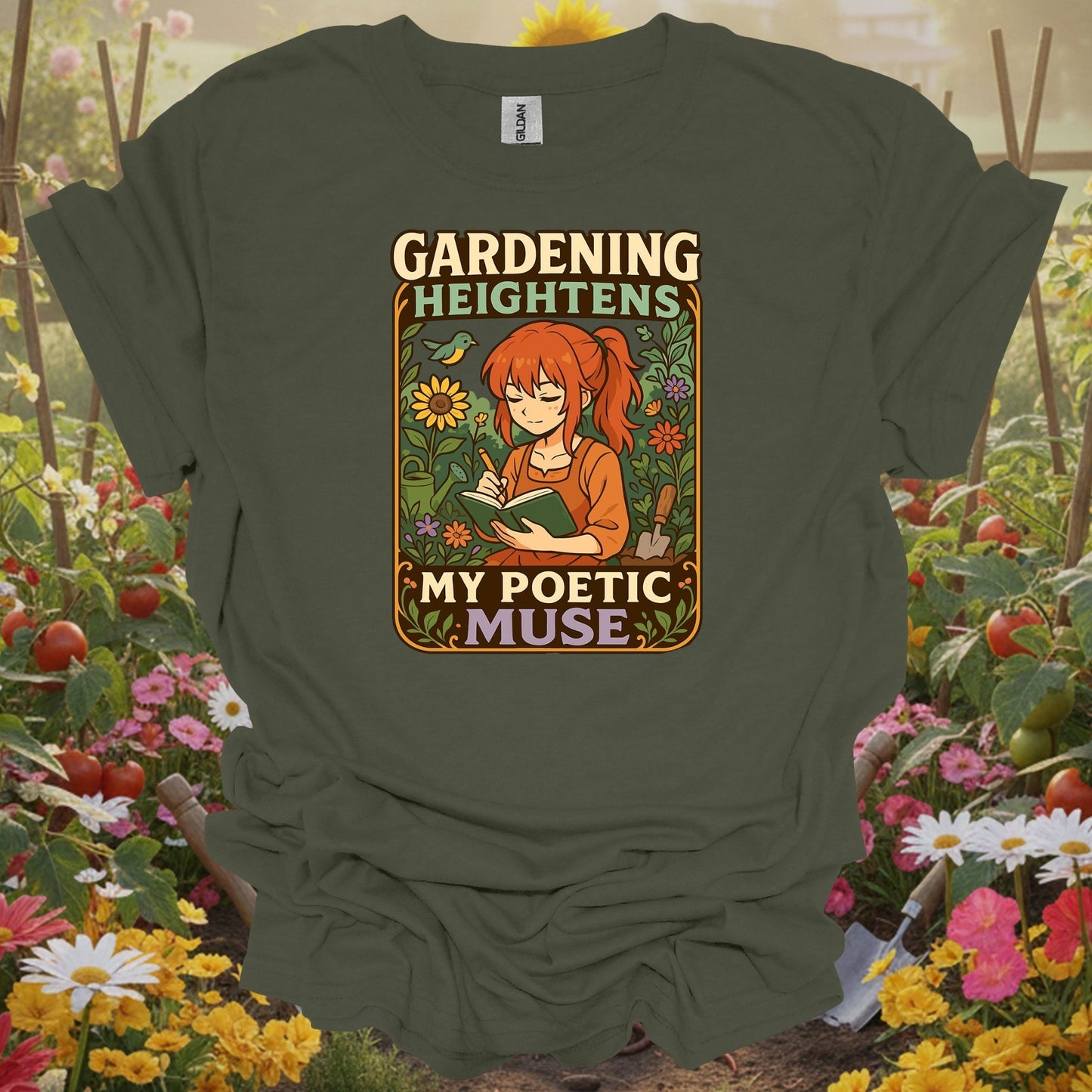 Military green tshirt showing combine your love for stories and soil with this beautiful kawaii-inspired design for visionaries imagining food forests