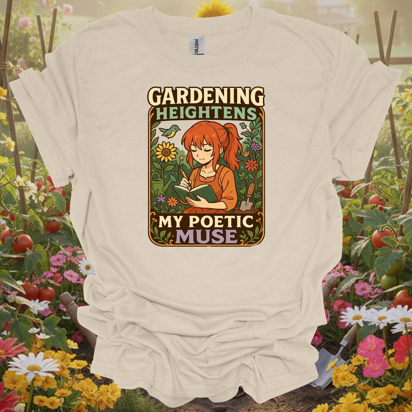 Natural tshirt showing combine your love for stories and soil with this beautiful kawaii-inspired design for visionaries imagining food forests