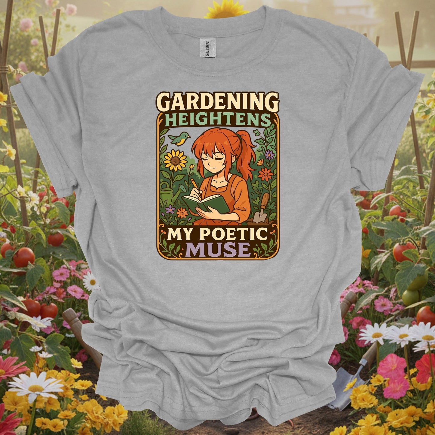 Sport gray tshirt showing combine your love for stories and soil with this beautiful kawaii-inspired design for visionaries imagining food forests