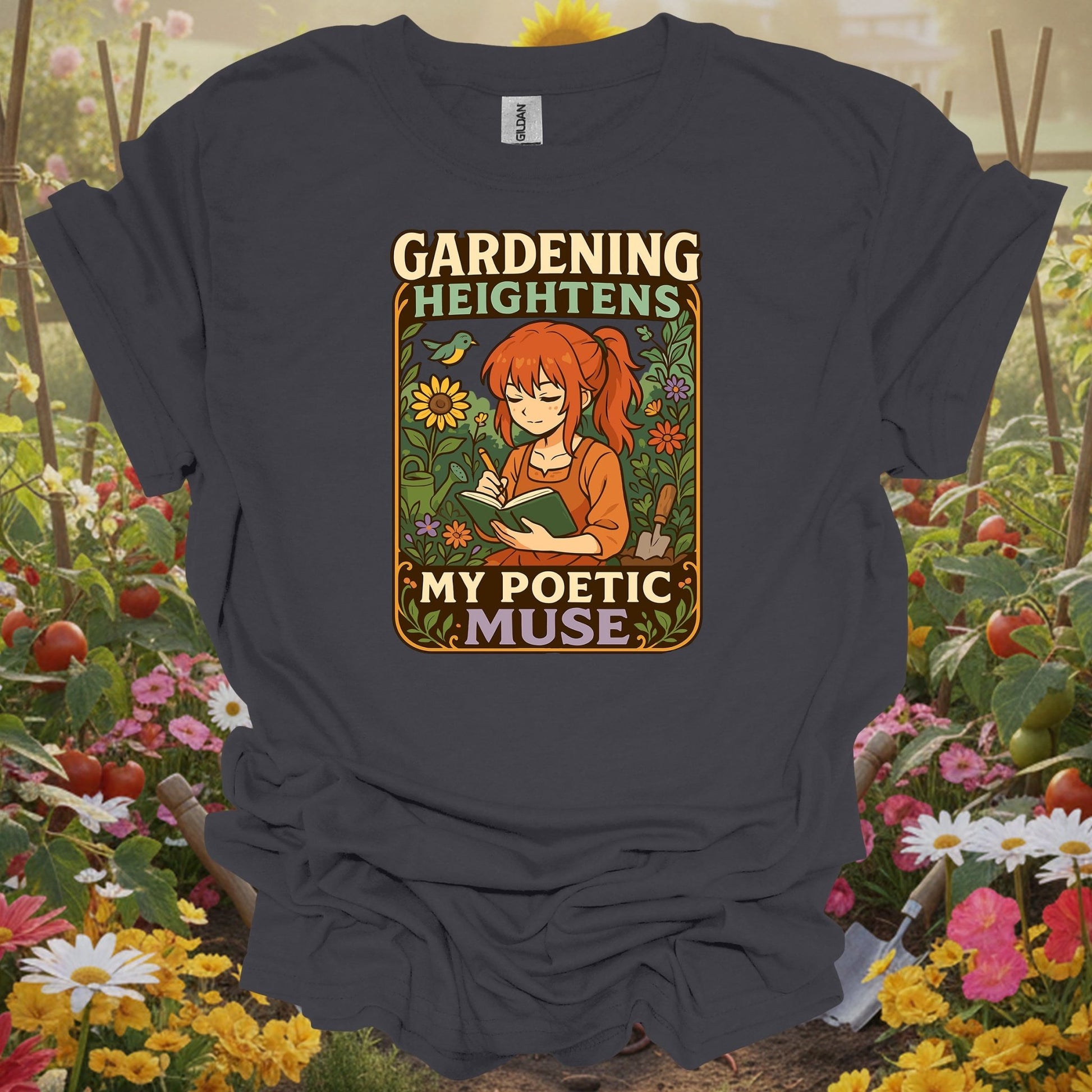 Charcoal tshirt showing combine your love for stories and soil with this beautiful kawaii-inspired design for visionaries imagining food forests