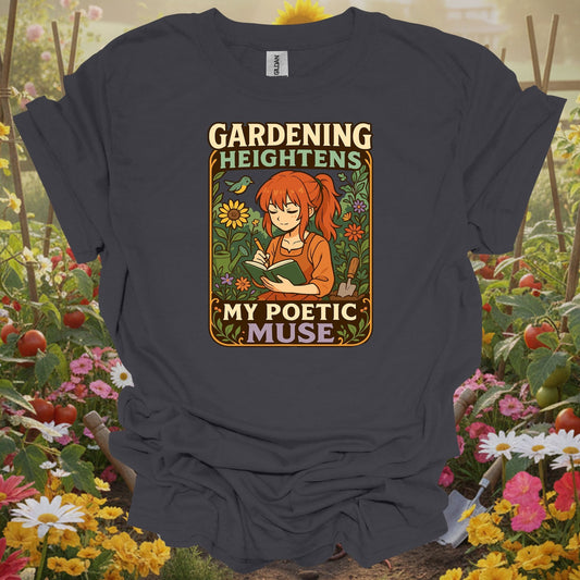Charcoal tshirt showing combine your love for stories and soil with this beautiful kawaii-inspired design for visionaries imagining food forests