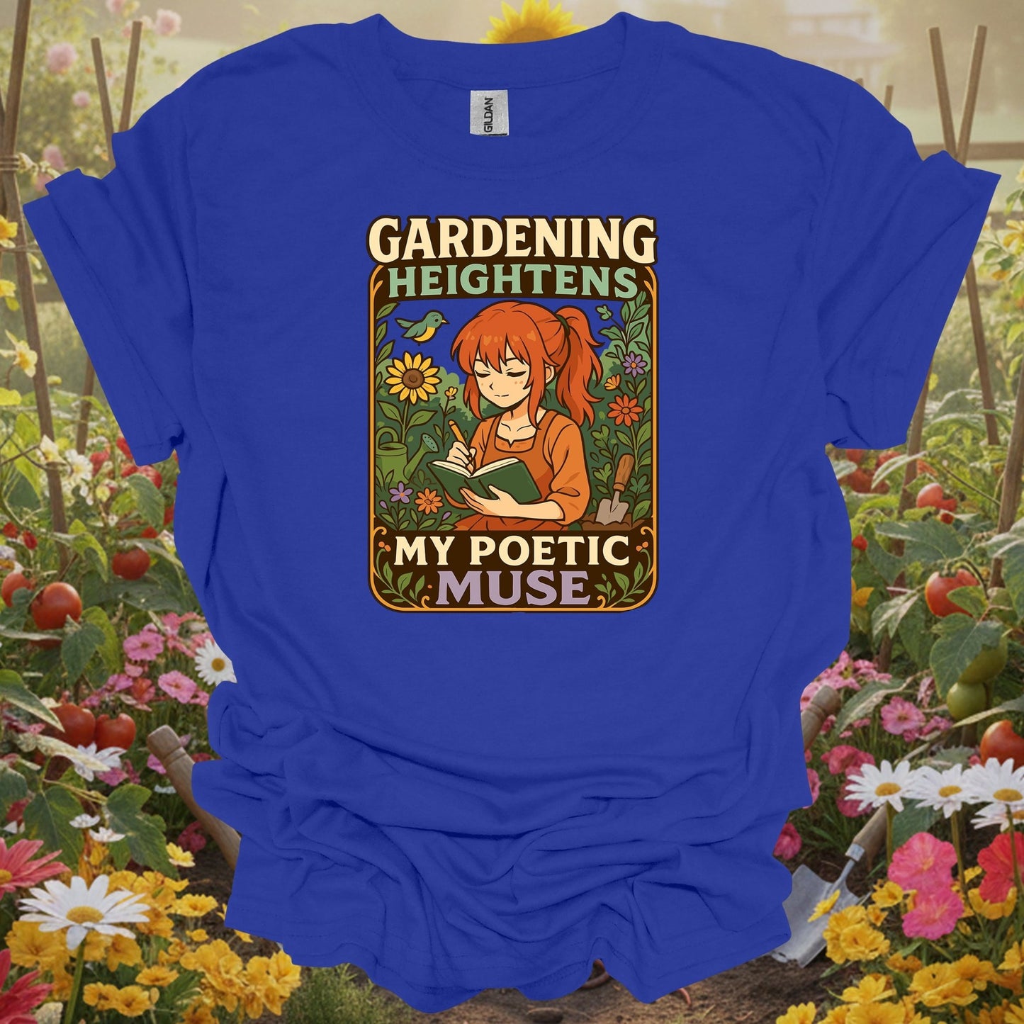 Royal tshirt showing combine your love for stories and soil with this beautiful kawaii-inspired design for visionaries imagining food forests