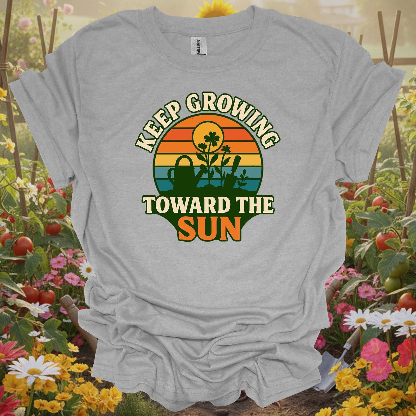 Sport Grey tshirt showing keep growing toward the sun retro sunset for gardening enthusiasts