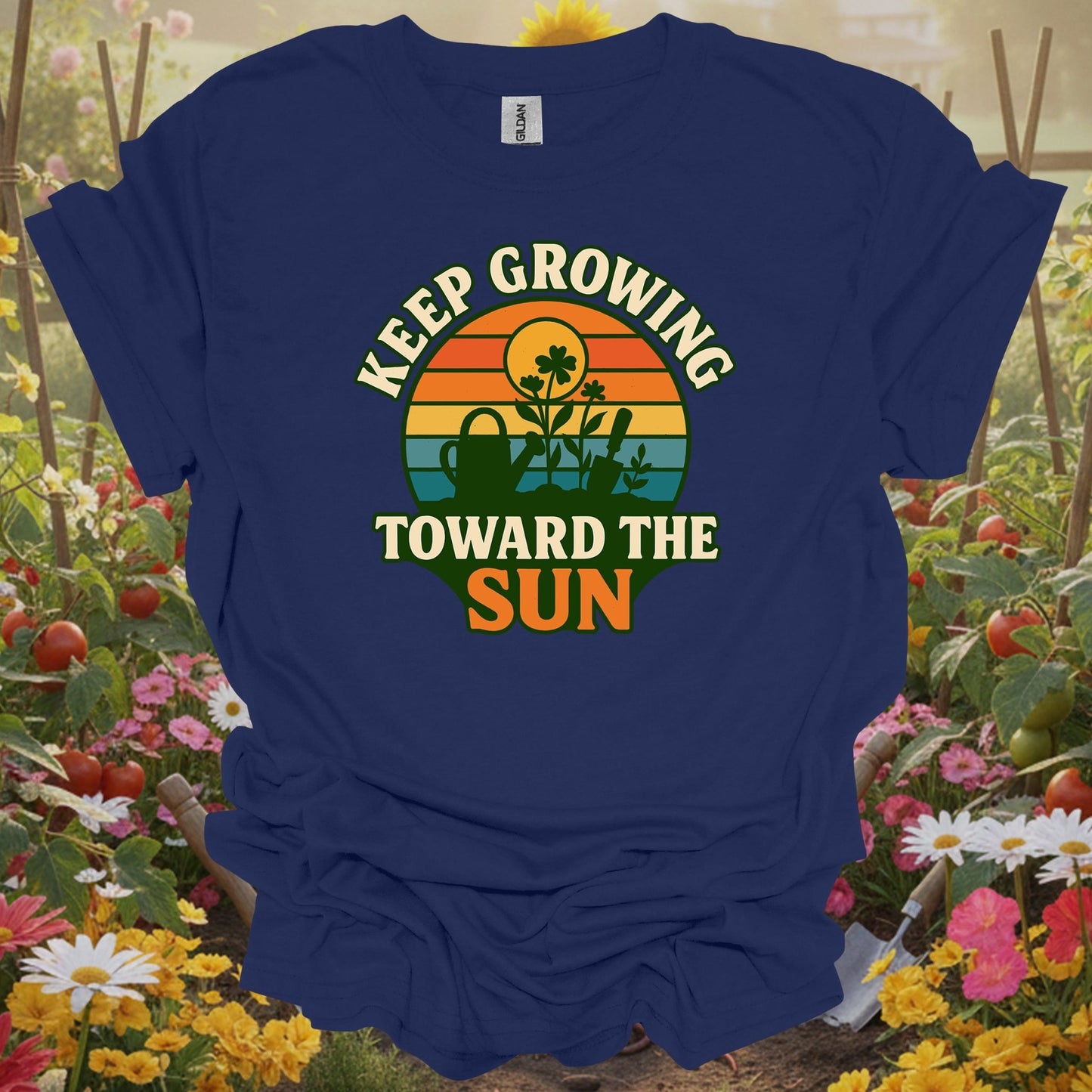 Navy top showing keep growing toward the sun retro sunset for green thumb folks