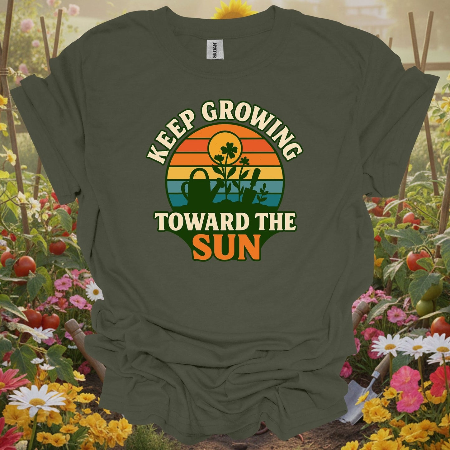 Military Green top showing keep growing toward the sun retro sunset for nature lovers