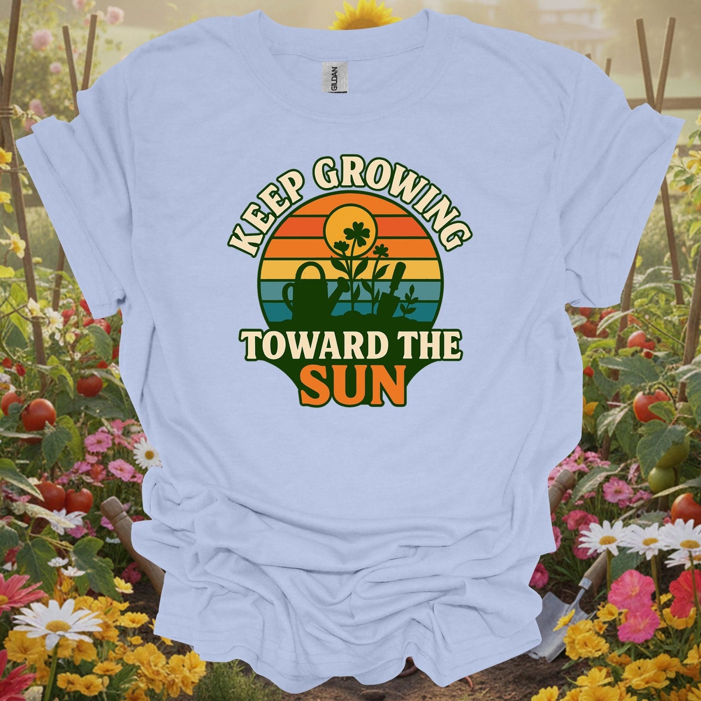Light Blue shirt showing keep growing toward the sun retro sunset for home gardeners