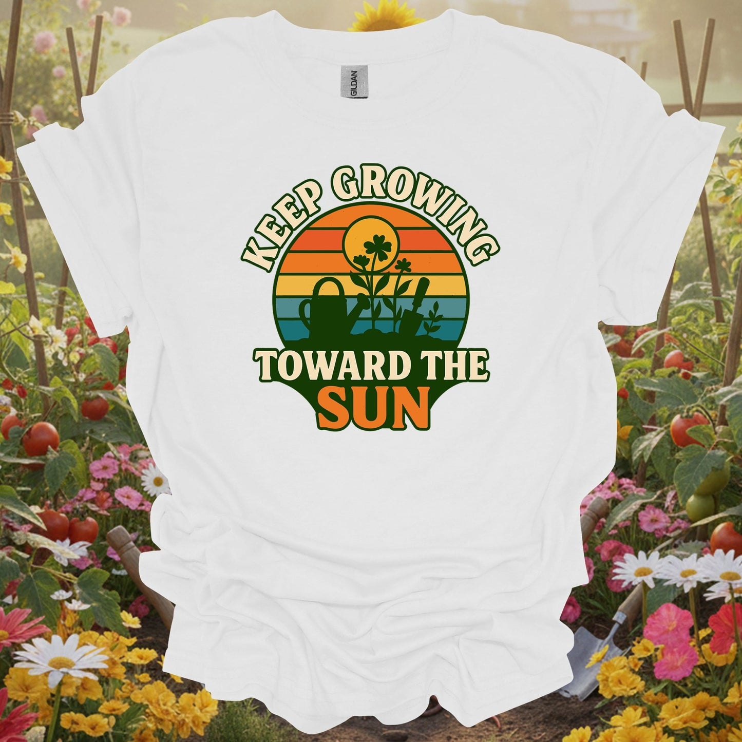 White tee showing keep growing toward the sun retro sunset for garden hobbyists