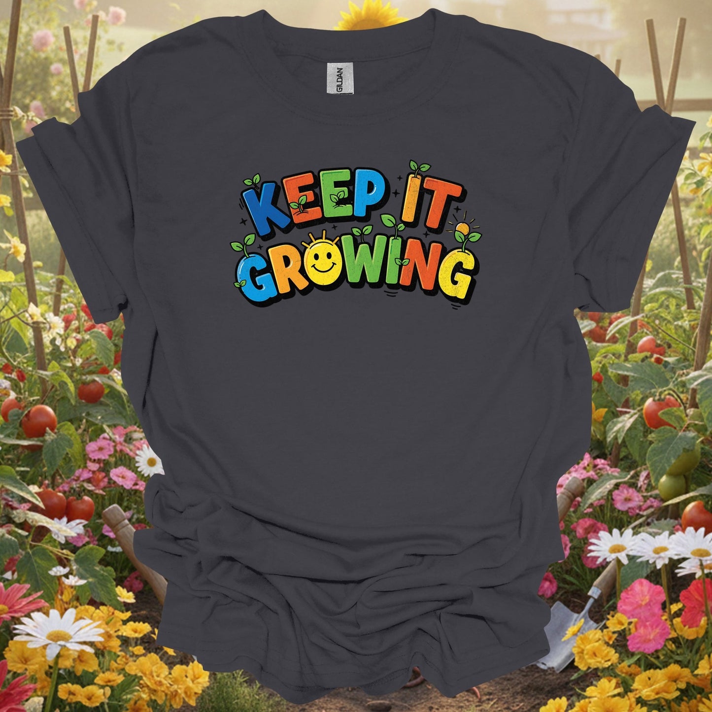 Light blue keep it growing vibrant gardening shirt for ambitious gardeners, positive thinkers, modern growers, goal-setter...