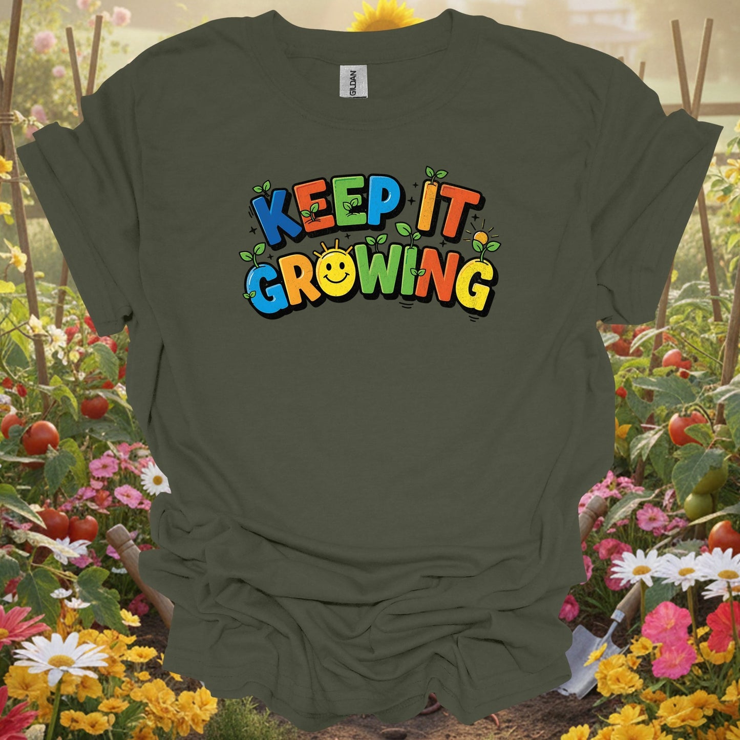 Military green keep it growing vibrant gardening shirt for ambitious gardeners, positive thinkers, modern growers, goal-se...