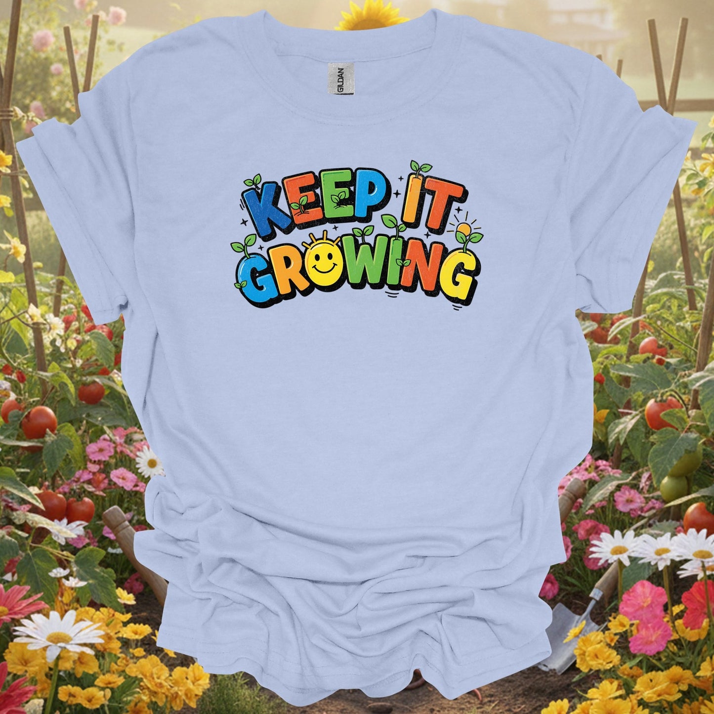 Navy blue keep it growing vibrant gardening shirt for ambitious gardeners, positive thinkers, modern growers, goal-setters...