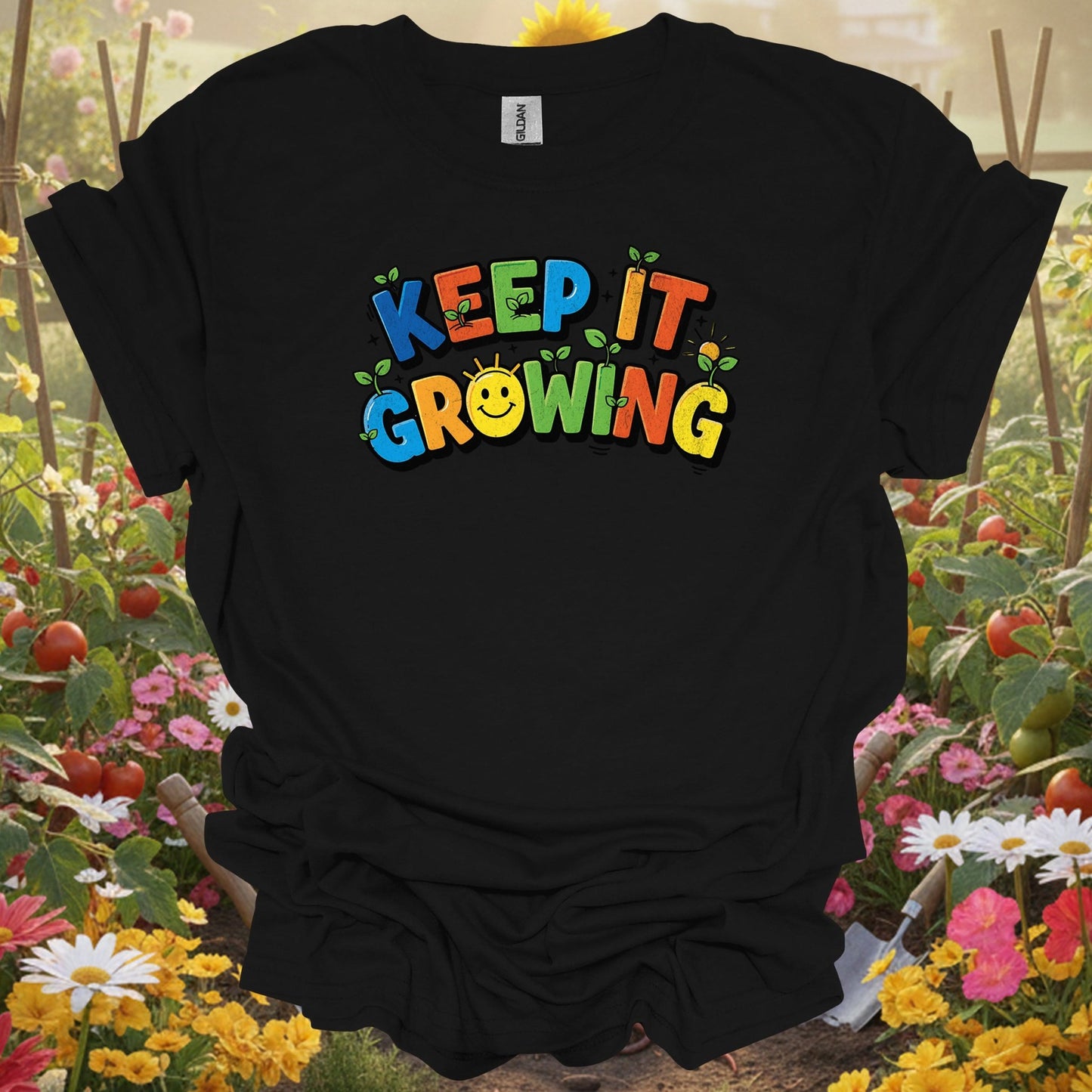 Black keep it growing vibrant gardening shirt for ambitious gardeners, positive thinkers, modern growers, goal-setters, an...