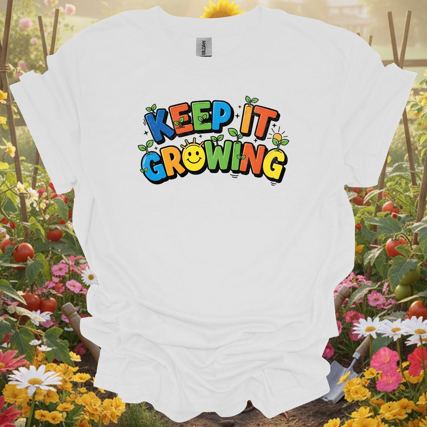 White keep it growing vibrant gardening shirt for ambitious gardeners, positive thinkers, modern growers, goal-setters, an...