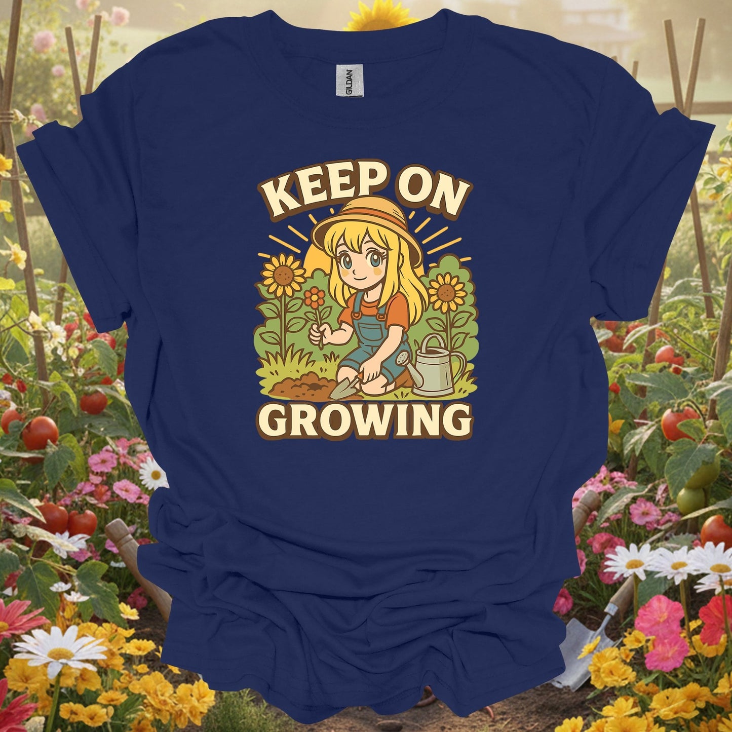 Navy top showing keep on growing anime motivational sunflower for green thumb folks
