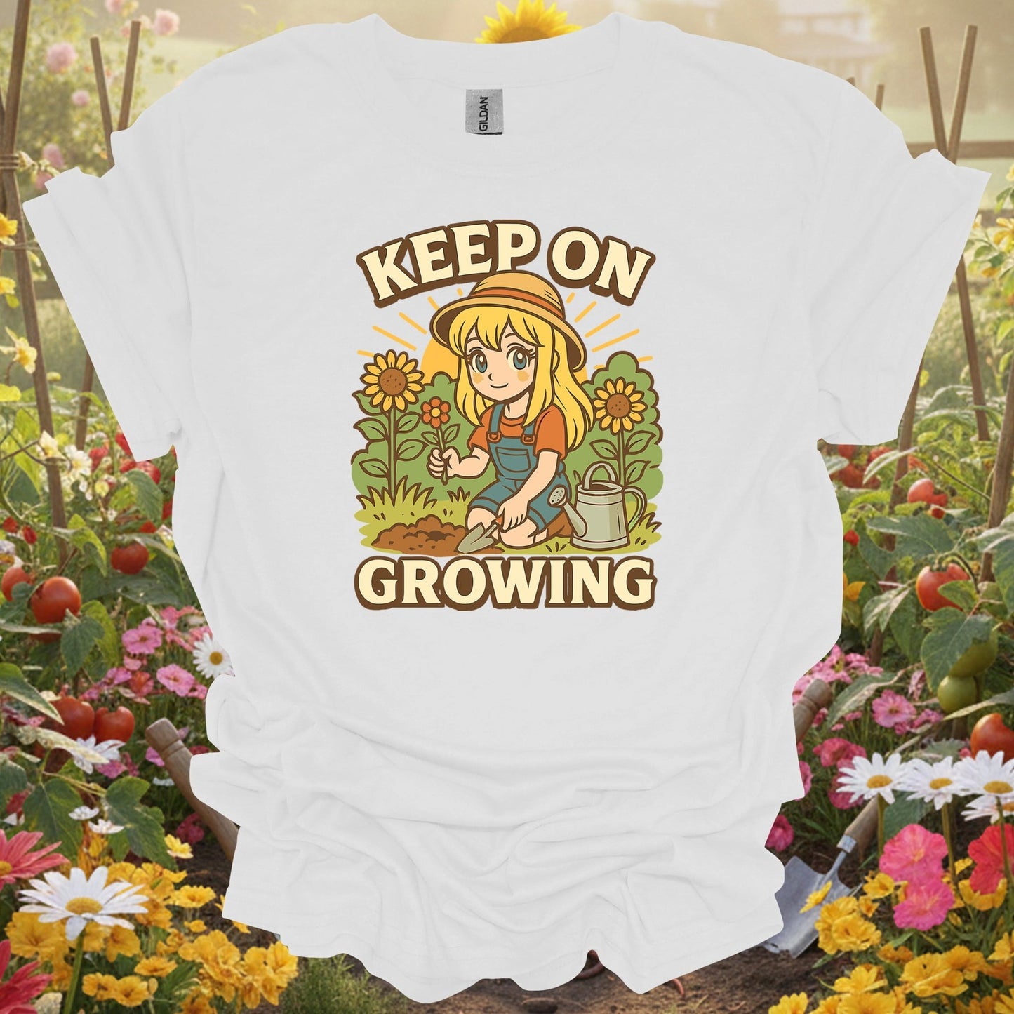 White tee showing keep on growing anime motivational sunflower for garden hobbyists