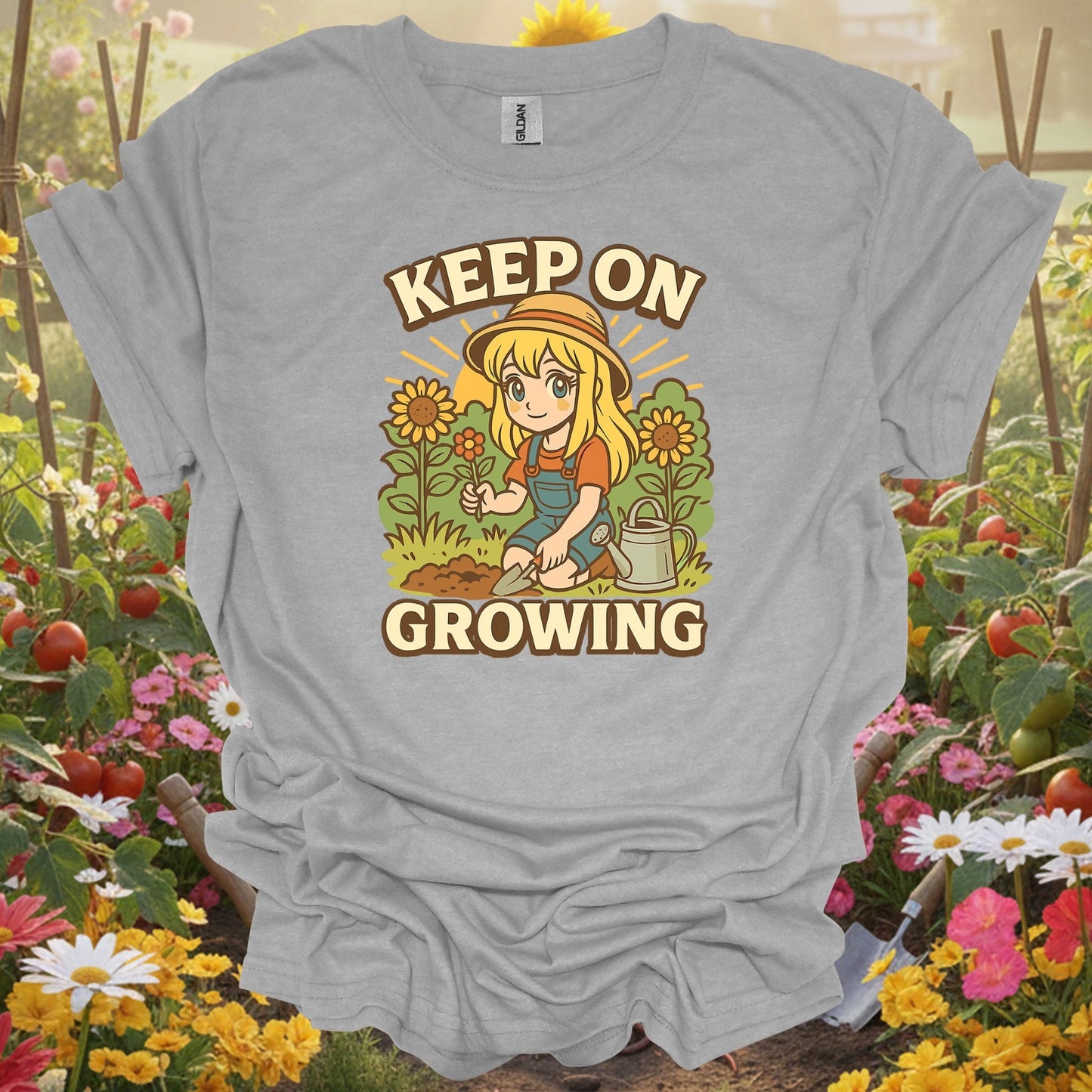 Sport Grey tshirt showing keep on growing anime motivational sunflower for gardening enthusiasts