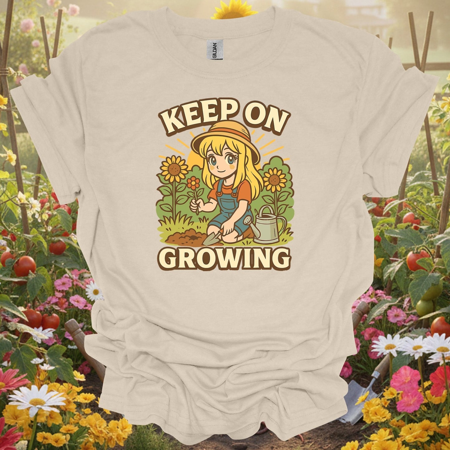 Natural tshirt showing keep on growing anime motivational sunflower for people who love plants