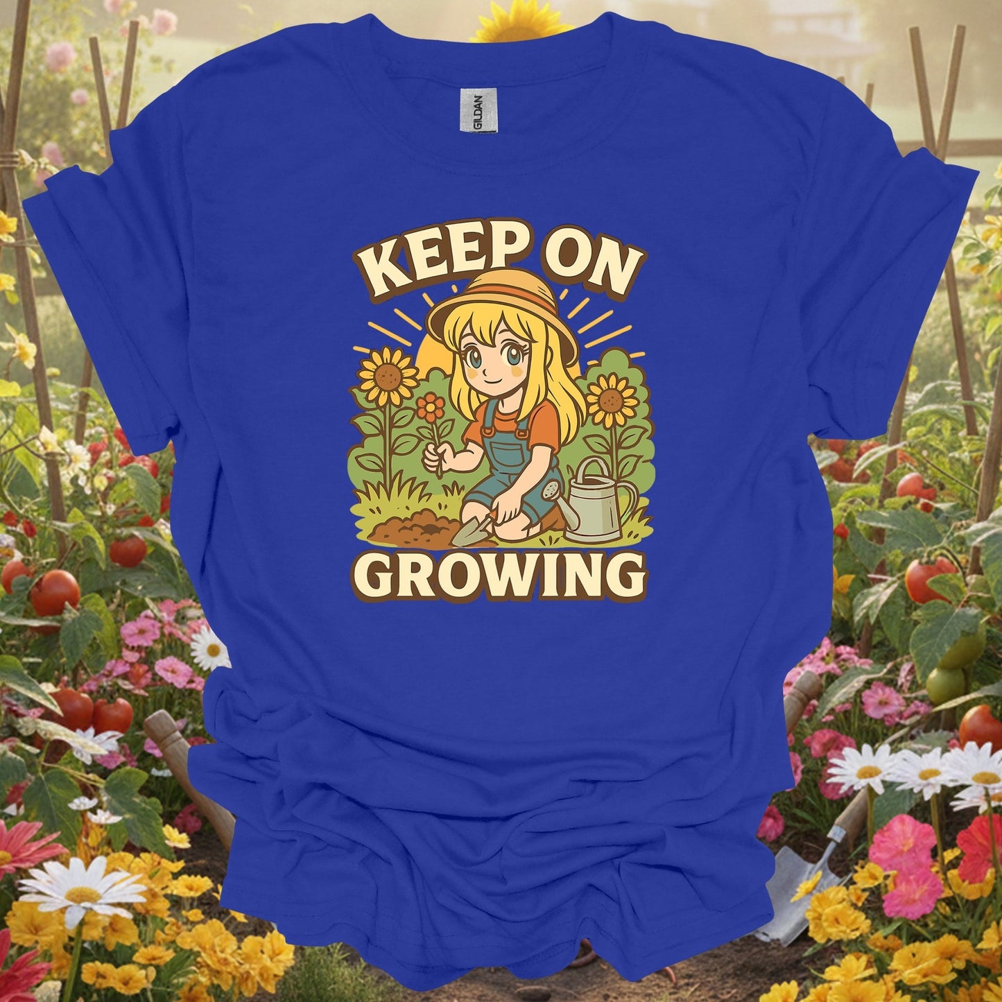 Royal tshirt showing keep on growing anime motivational sunflower for backyard growers