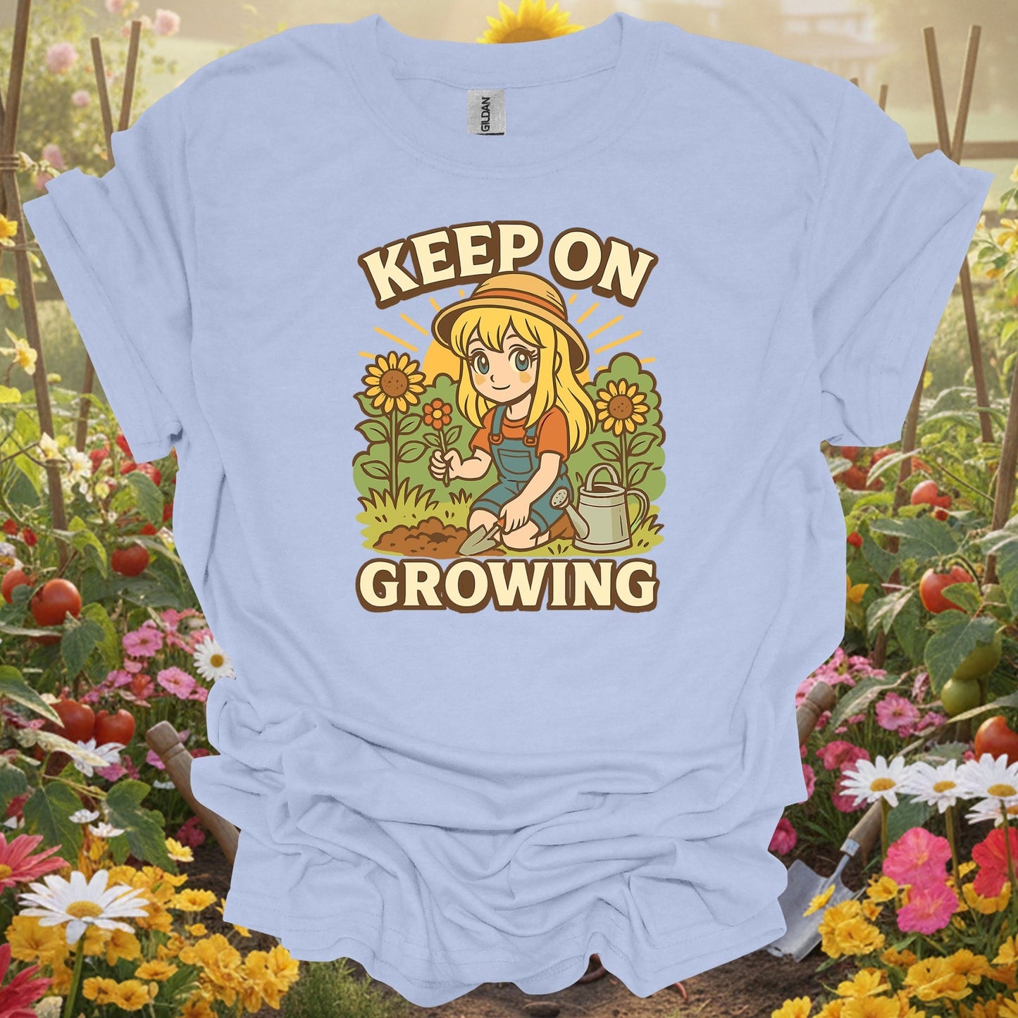 Light Blue shirt showing keep on growing anime motivational sunflower for home gardeners