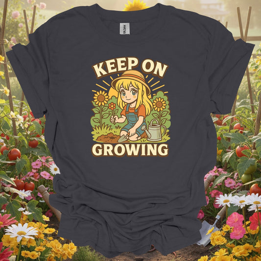 Charcoal tee showing keep on growing anime motivational sunflower for plant lovers