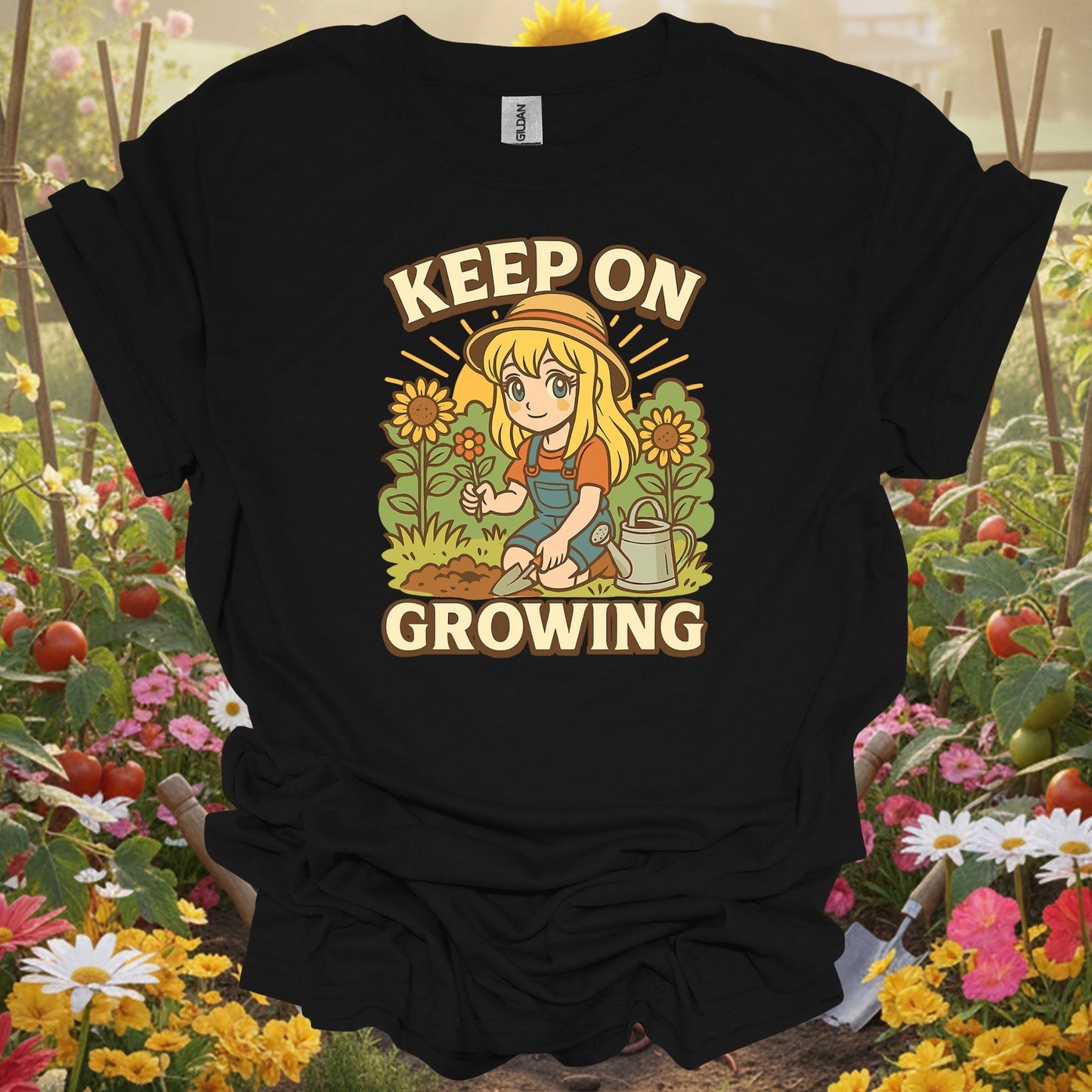 Black shirt showing keep on growing anime motivational sunflower for outdoor enthusiasts