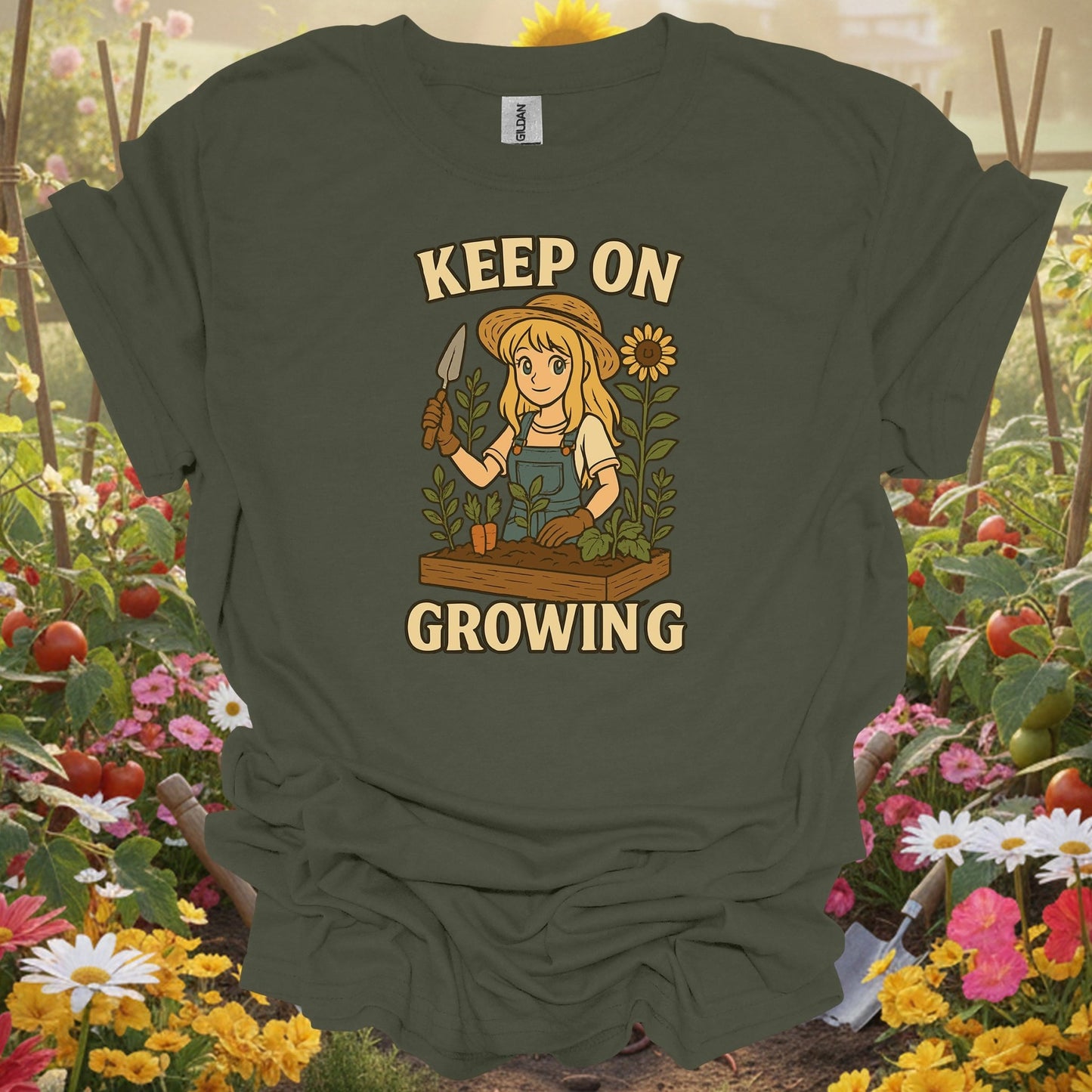 Military Green top showing keep on growing anime gardener for nature lovers