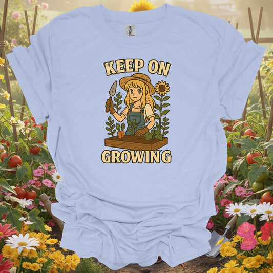 Light Blue tee showing keep on growing anime gardener for plant lovers
