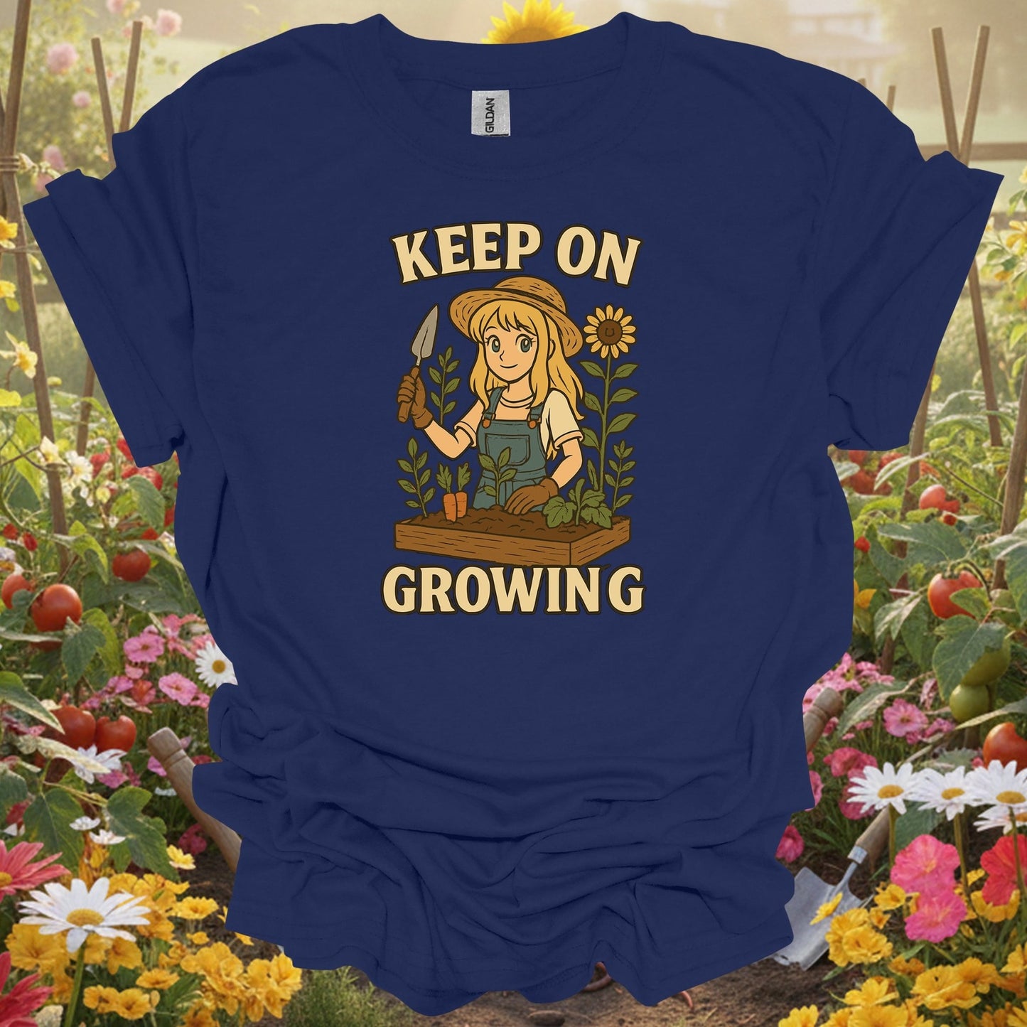 Navy shirt showing keep on growing anime gardener for home gardeners