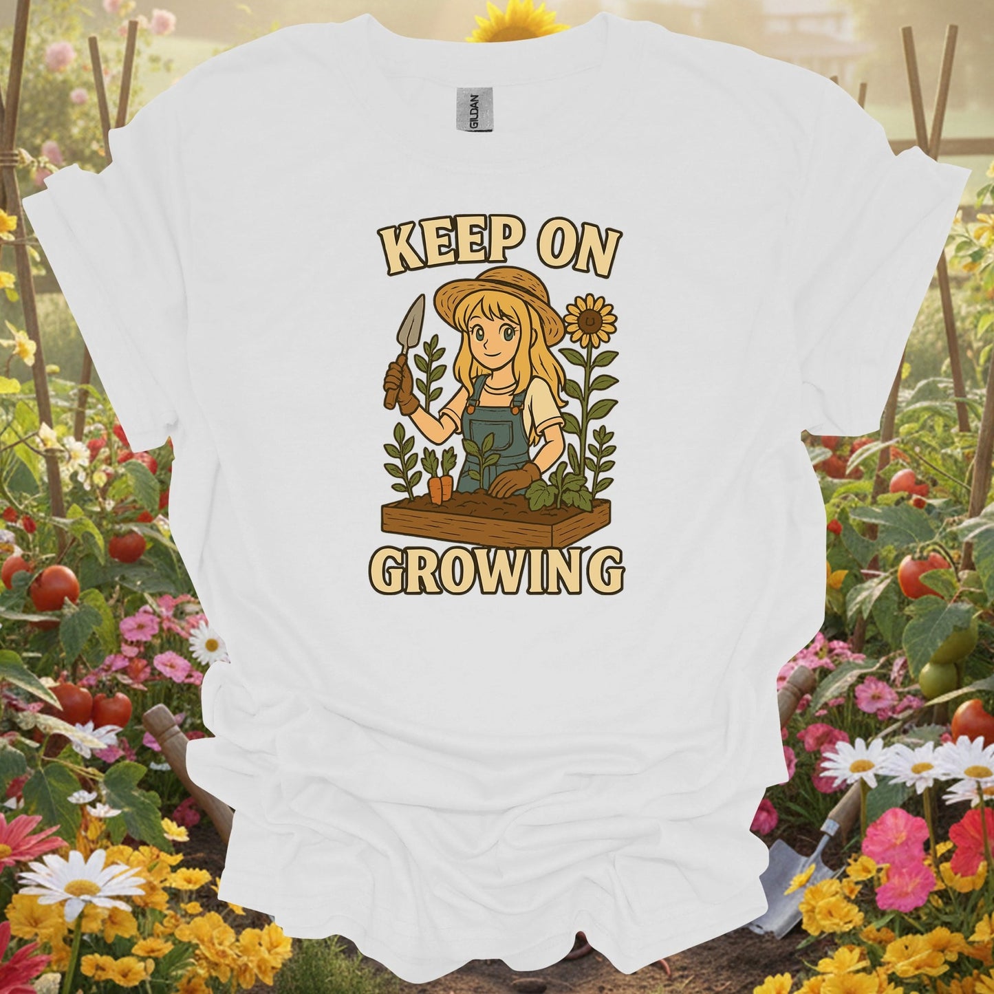 White tee showing keep on growing anime gardener for garden hobbyists