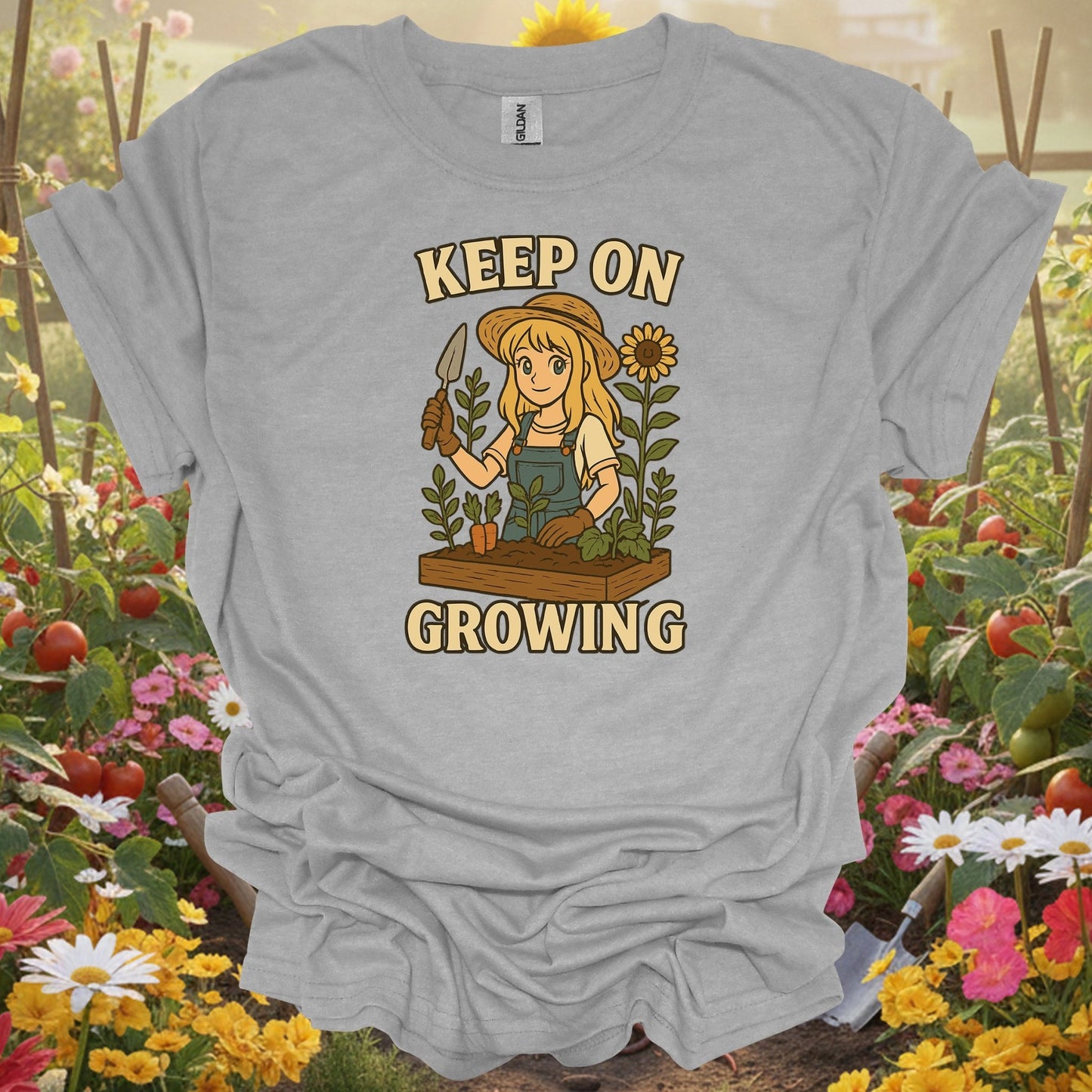 Sport Grey tshirt showing keep on growing anime gardener for backyard growers
