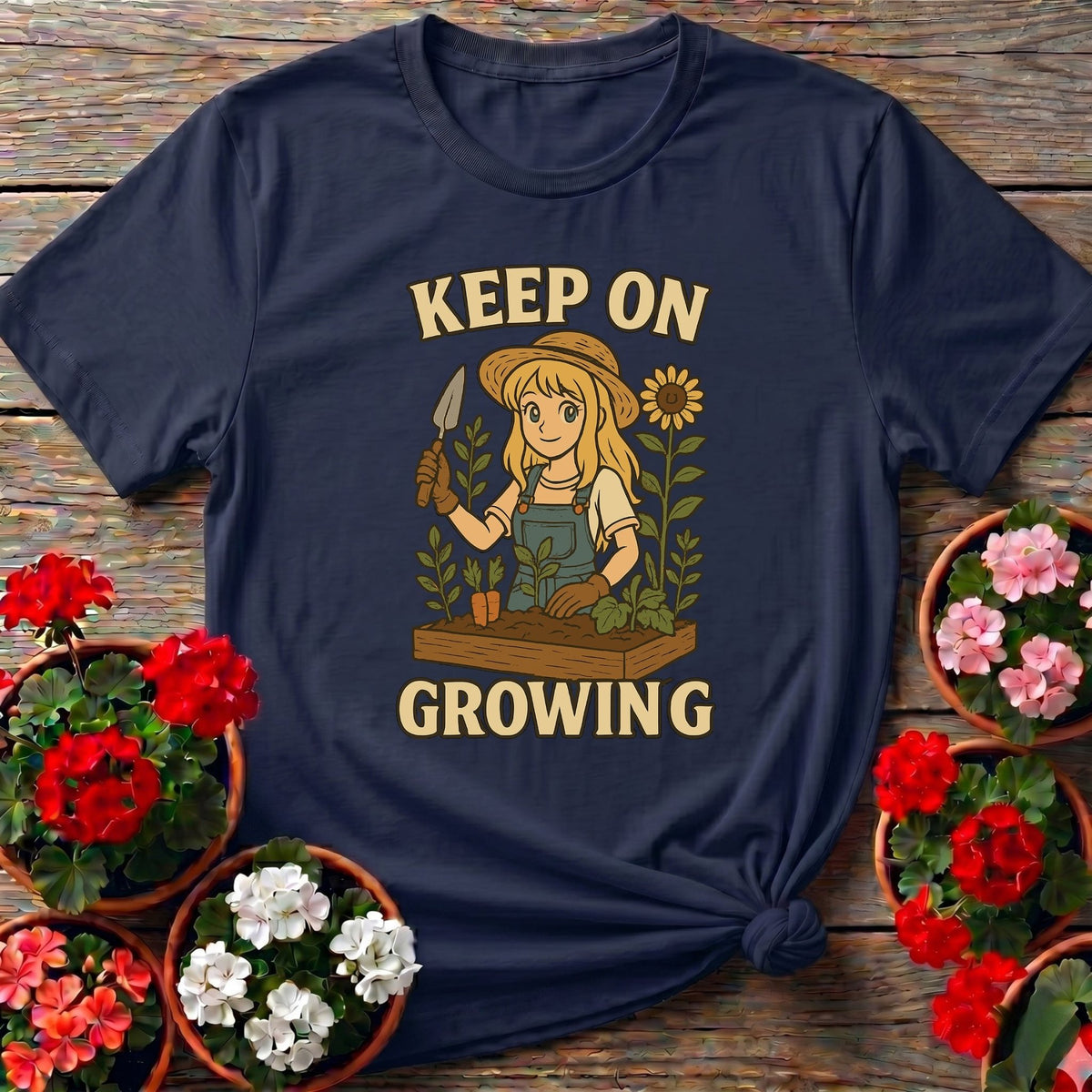 Navy anime-style cozy gardening top with "Keep On Growing" for dedicated home gardeners