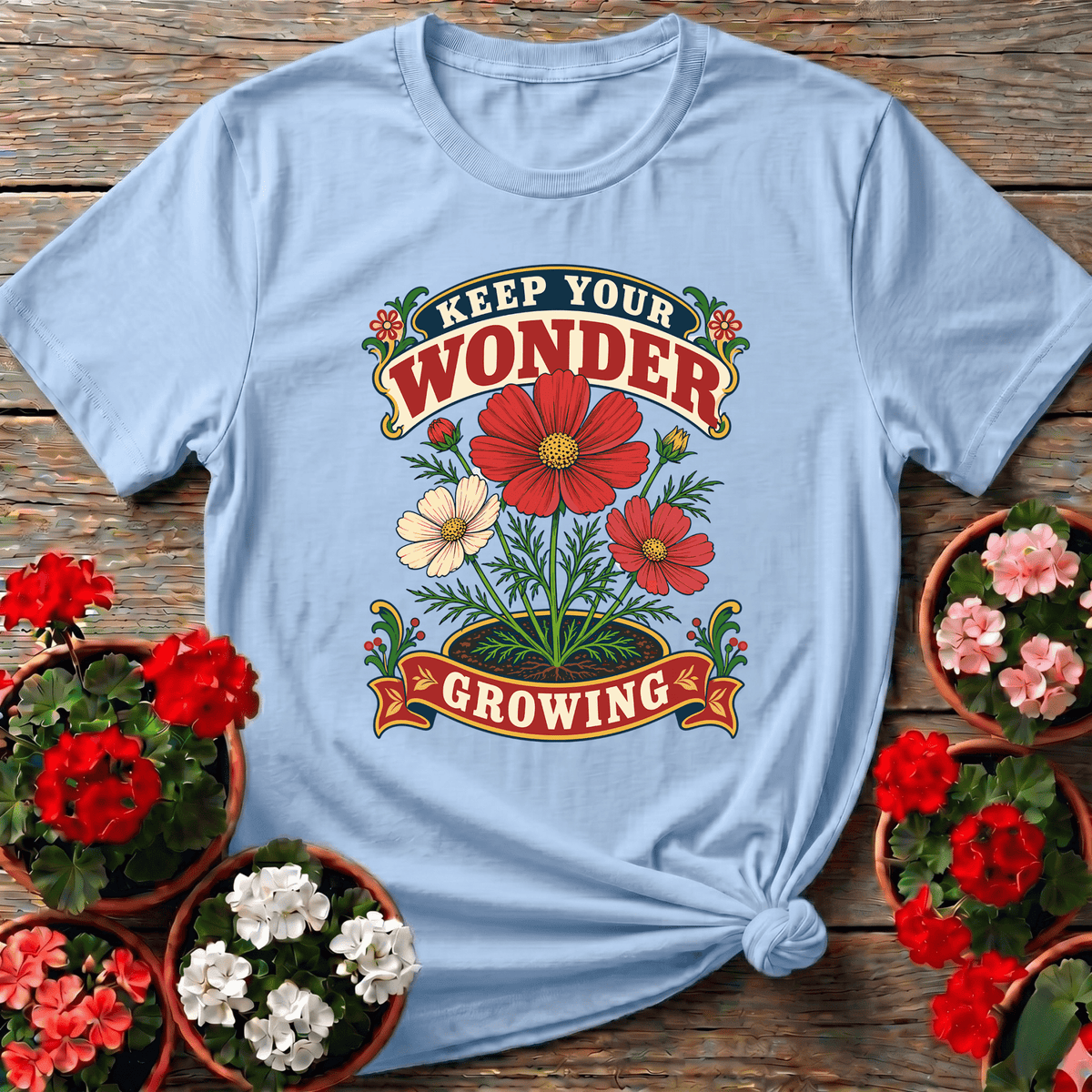 Light Blue retro botanical cosmos gardening top with ribbon banner design for flower lovers
