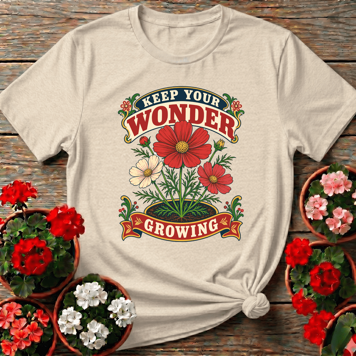Natural handcrafted botanical gardening shirt with ornate cosmos design for cottage gardeners