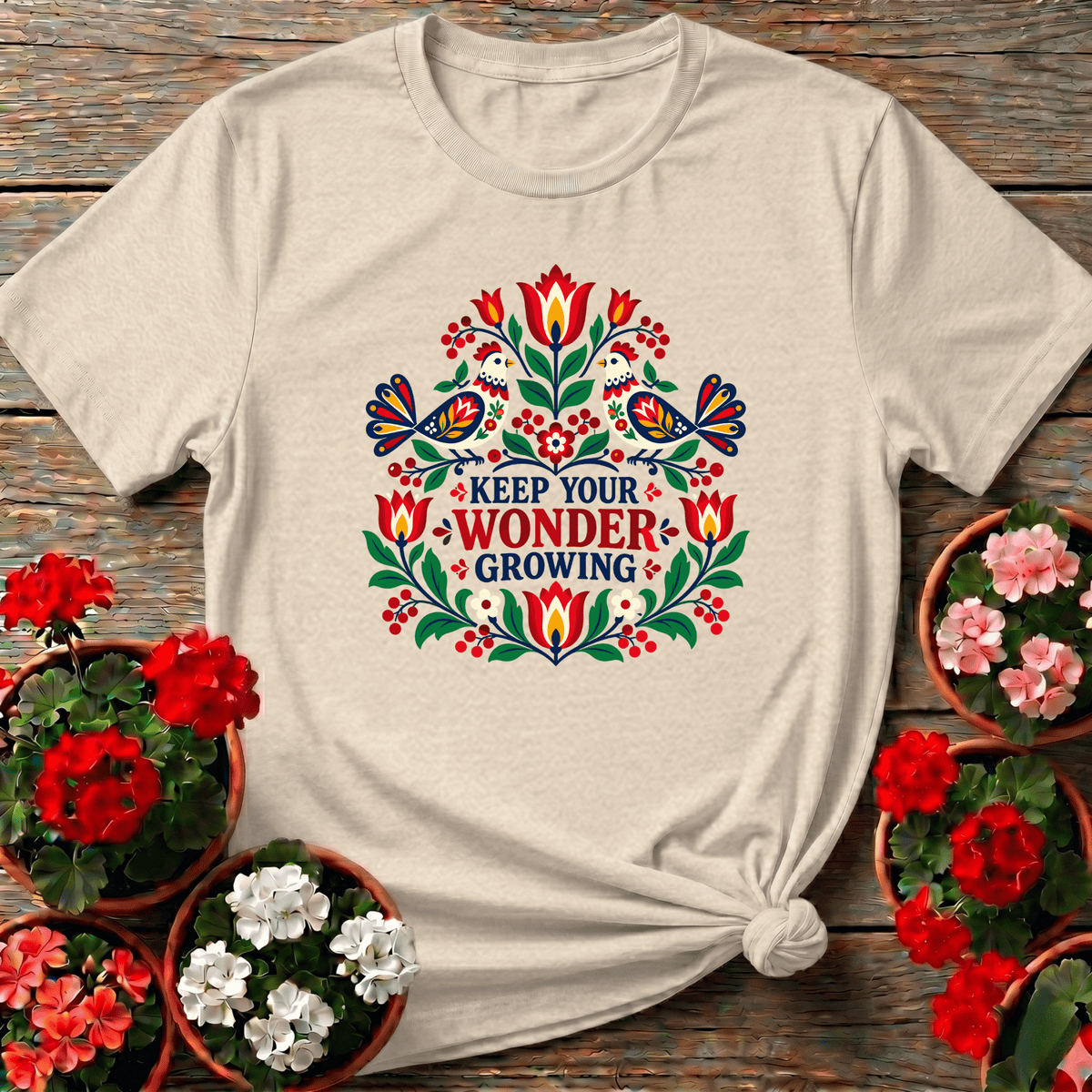Natural hand-stitched-style folk art garden shirt with "Keep Your Wonder Growing" for heritage garden lovers