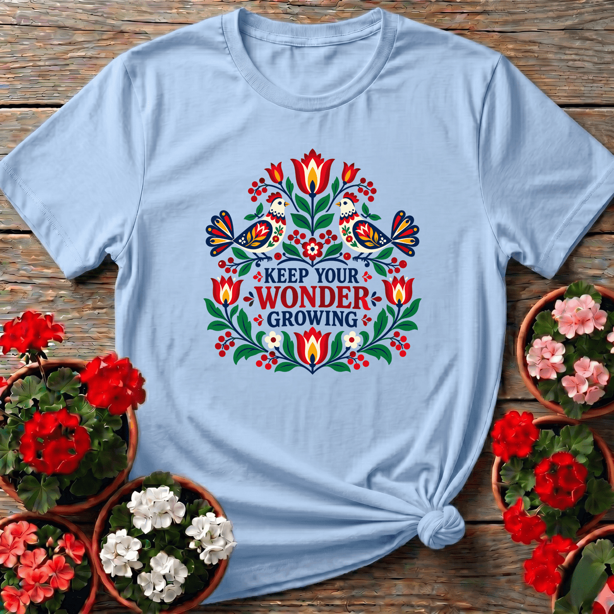 Light Blue folk art berry and vine gardening top with "Keep Your Wonder Growing" for slow-growth gardeners