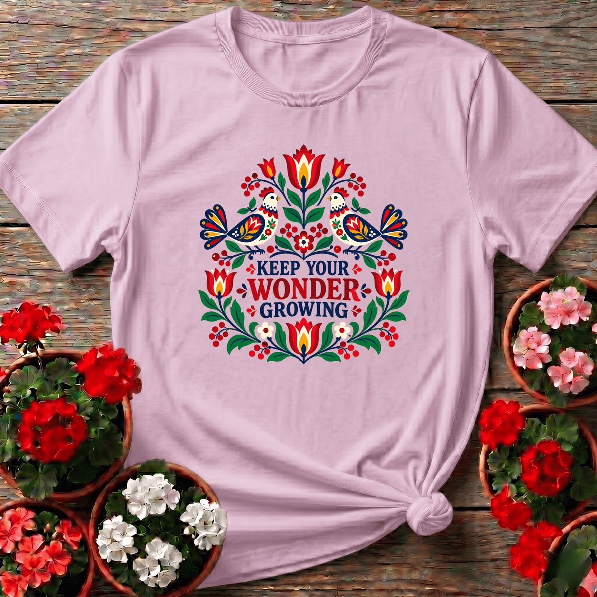 Light Pink mirrored songbird folk floral tee with "Keep Your Wonder Growing" for gardeners who still get surprised by tulips
