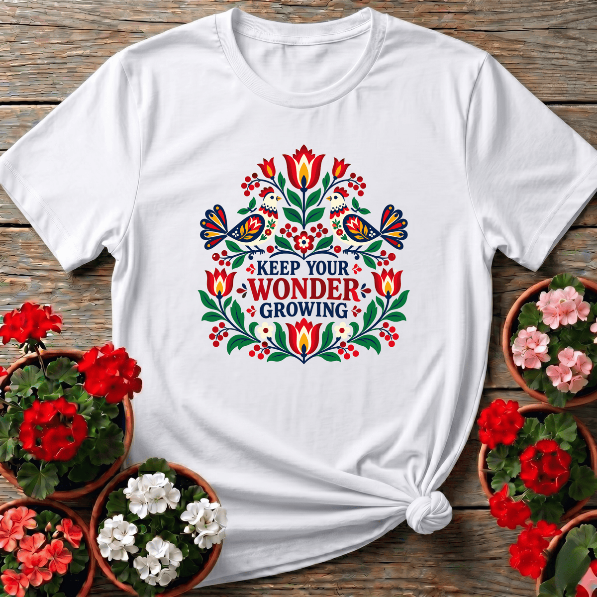 White Scandinavian folk floral shirt with "Keep Your Wonder Growing" for cottagecore plant lovers