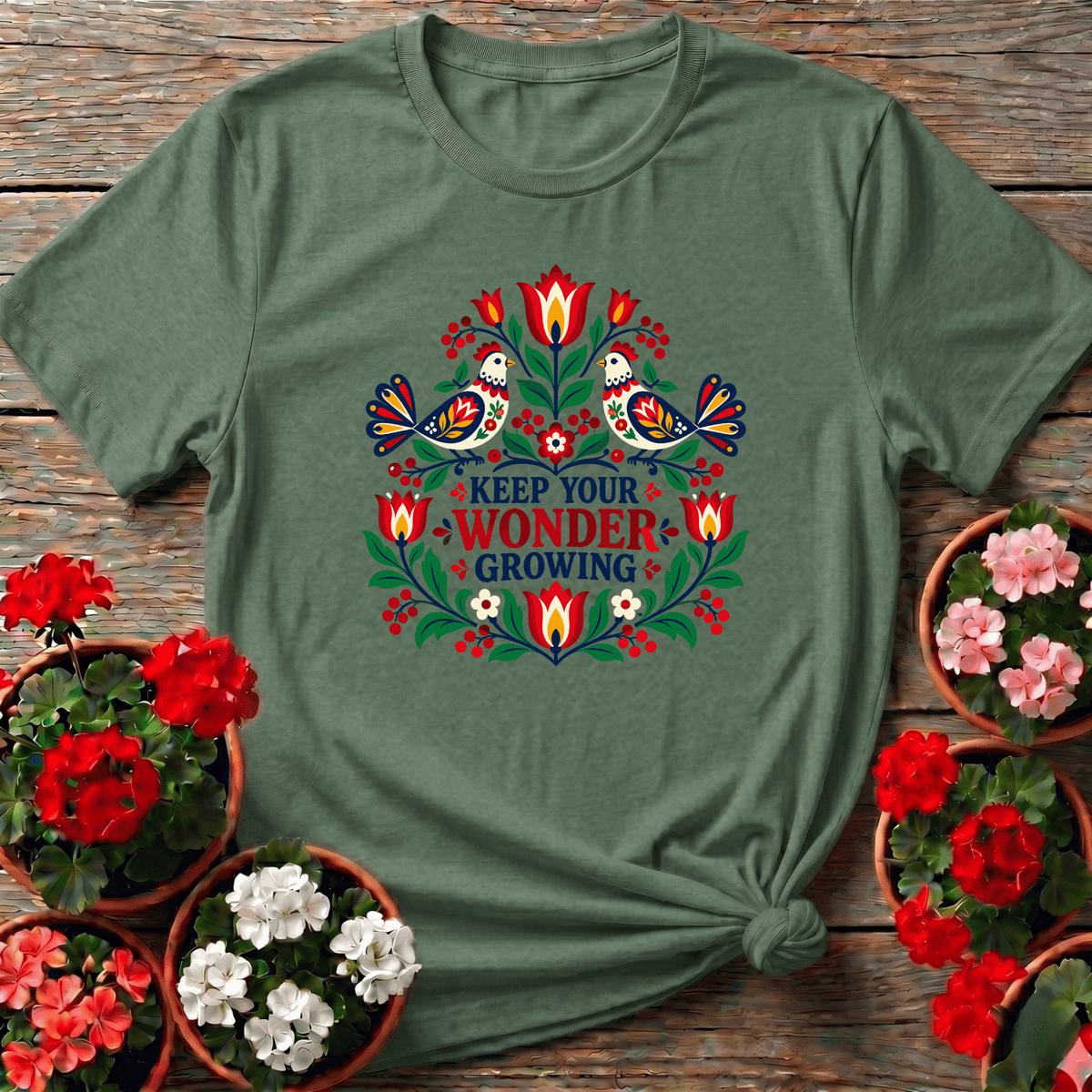 Military Green Eastern European folk print gardening tee with "Keep Your Wonder Growing" for seed catalog devotees