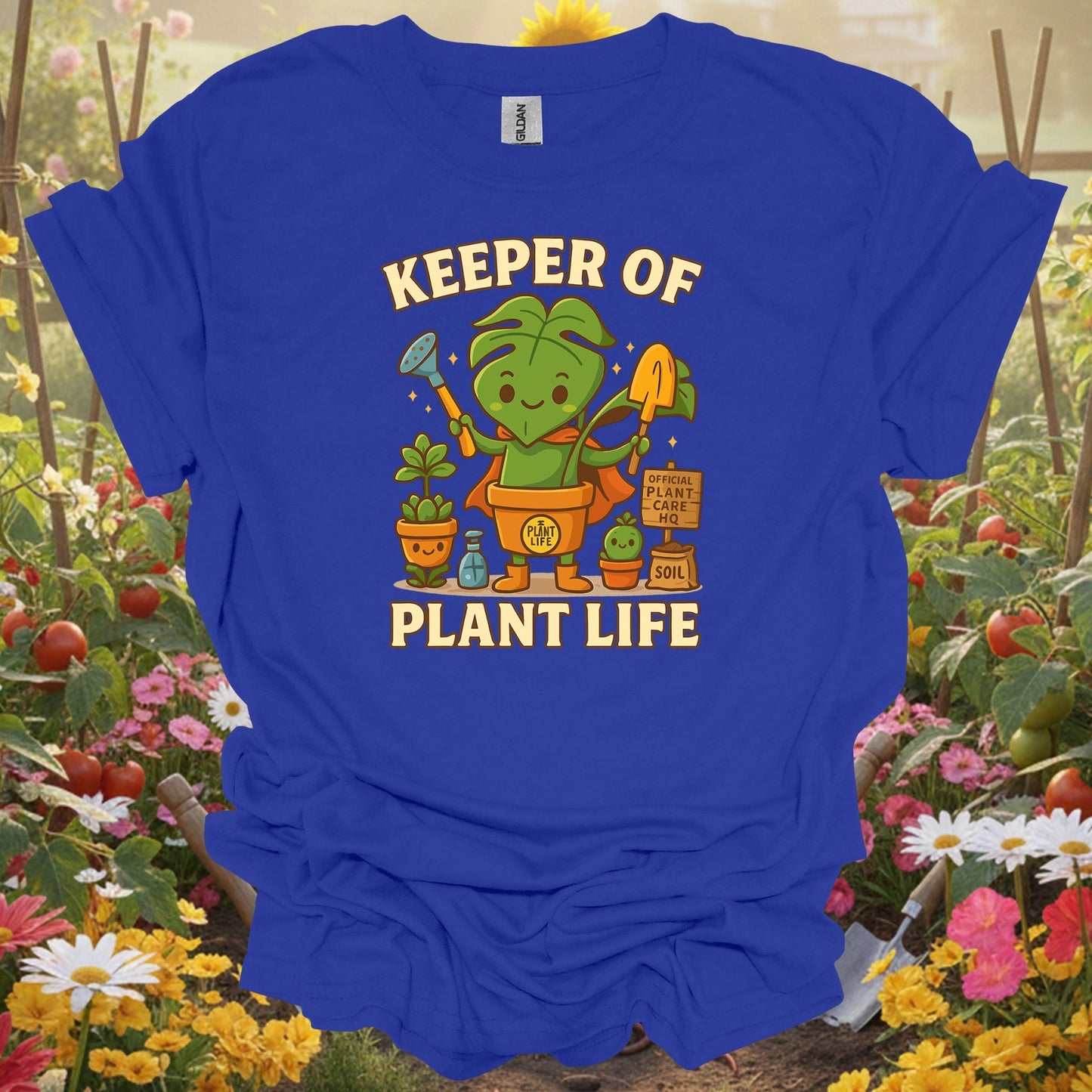 Royal tshirt showing keeper of plant life whimsical houseplant hero for backyard growers