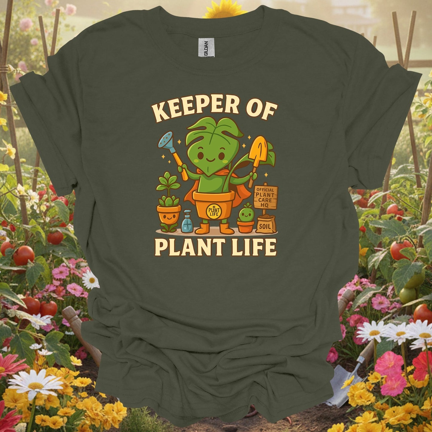 Military Green tshirt showing keeper of plant life whimsical houseplant hero for gardening enthusiasts