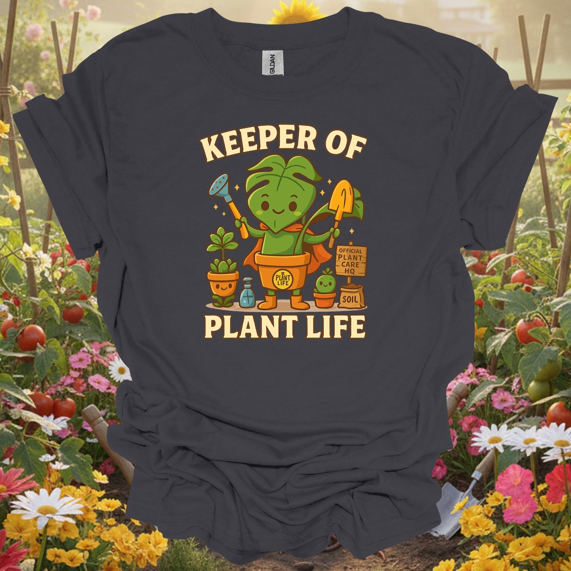 Charcoal tee showing keeper of plant life whimsical houseplant hero for plant lovers