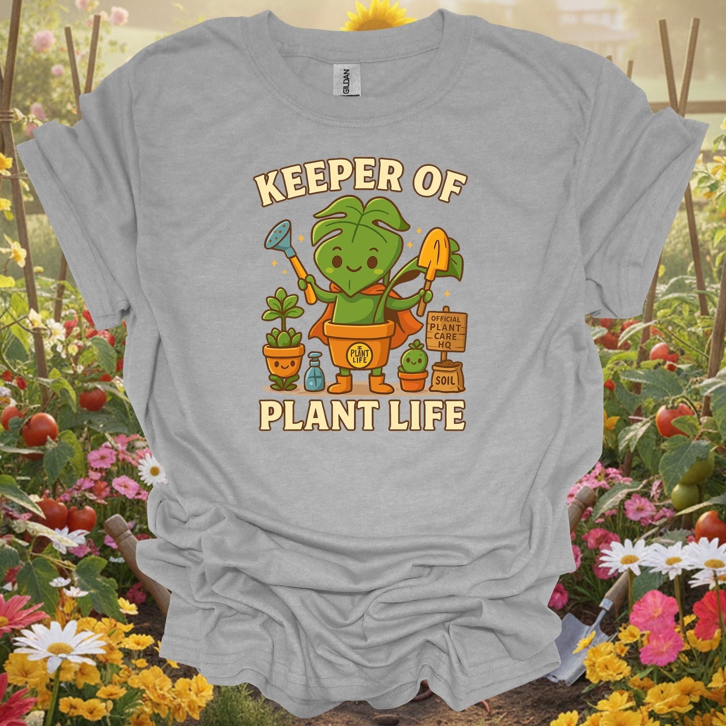 Sport Grey tee showing keeper of plant life whimsical houseplant hero for garden hobbyists
